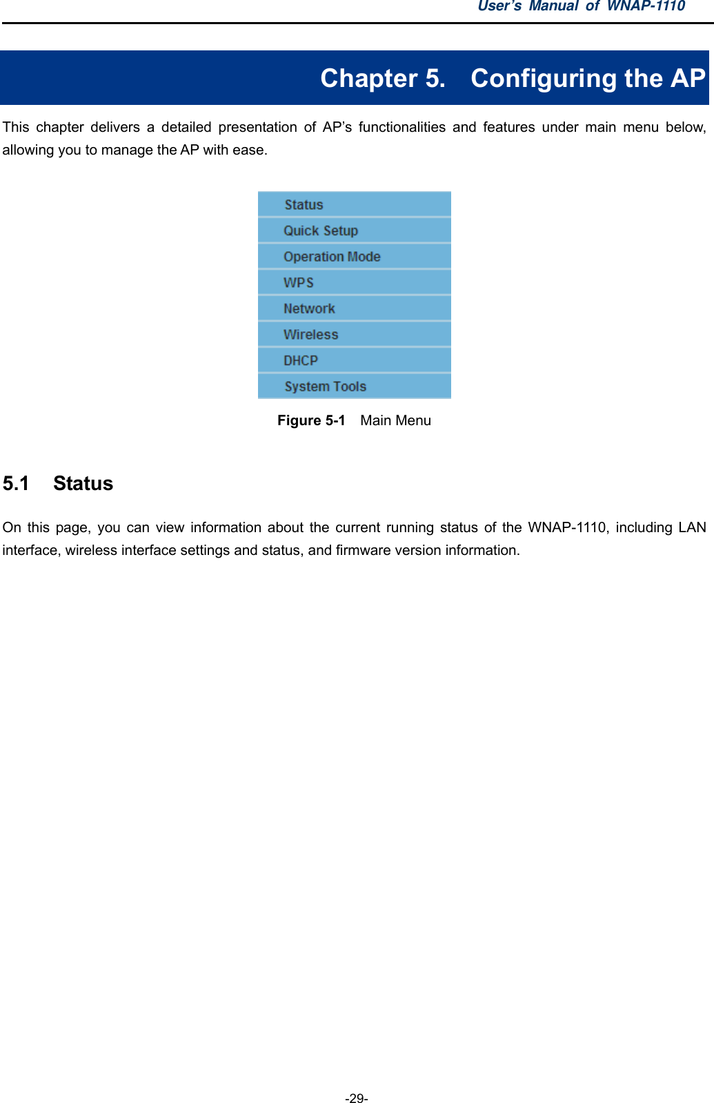 User’s Manual of WNAP-1110  -29- Chapter 5.  Configuring the AP This chapter delivers a detailed presentation of AP’s functionalities and features under main menu below, allowing you to manage the AP with ease.   Figure 5-1  Main Menu  5.1  Status On this page, you can view information about the current running status of the WNAP-1110, including LAN interface, wireless interface settings and status, and firmware version information. 