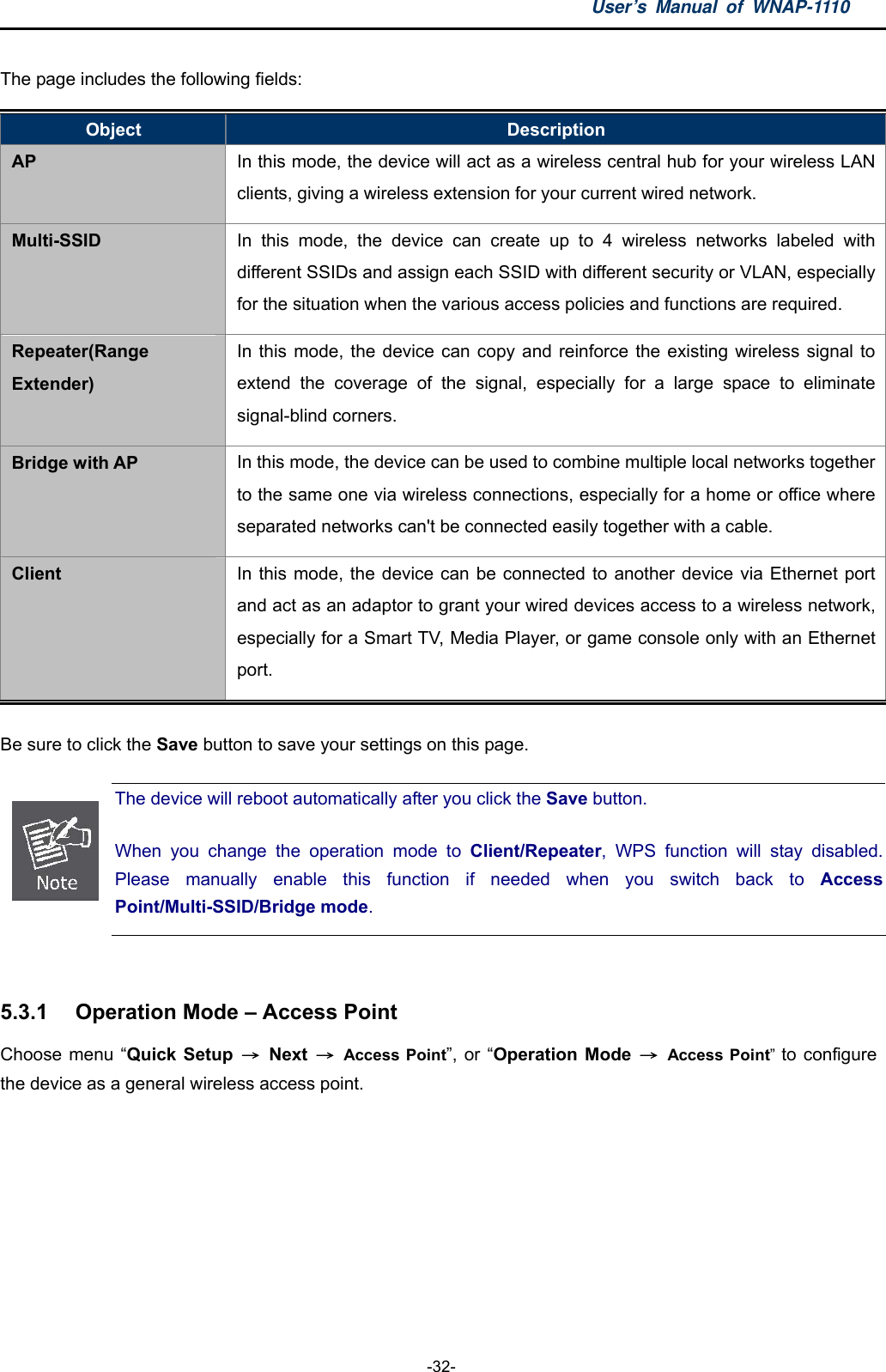 User’s Manual of WNAP-1110  -32- The page includes the following fields: Object  Description AP In this mode, the device will act as a wireless central hub for your wireless LAN clients, giving a wireless extension for your current wired network. Multi-SSID In this mode, the device can create up to 4 wireless networks labeled with different SSIDs and assign each SSID with different security or VLAN, especially for the situation when the various access policies and functions are required. Repeater(Range Extender) In this mode, the device can copy and reinforce the existing wireless signal to extend the coverage of the signal, especially for a large space to eliminate signal-blind corners. Bridge with AP In this mode, the device can be used to combine multiple local networks together to the same one via wireless connections, especially for a home or office where separated networks can&apos;t be connected easily together with a cable. Client  In this mode, the device can be connected to another device via Ethernet port and act as an adaptor to grant your wired devices access to a wireless network, especially for a Smart TV, Media Player, or game console only with an Ethernet port. Be sure to click the Save button to save your settings on this page.  The device will reboot automatically after you click the Save button.   When you change the operation mode to Client/Repeater, WPS function will stay disabled. Please manually enable this function if needed when you switch back to Access Point/Multi-SSID/Bridge mode.  5.3.1  Operation Mode – Access Point Choose menu “Quick Setup → Next → Access Point”, or “Operation Mode  → Access Point” to configure the device as a general wireless access point. 