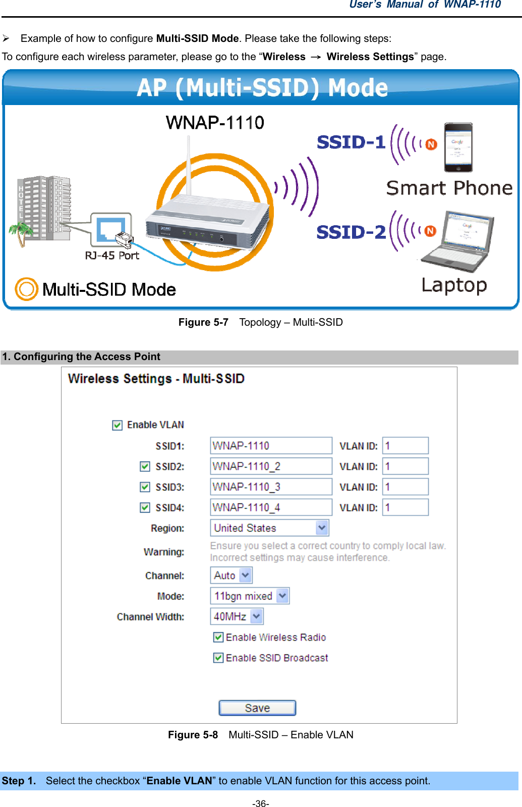 User’s Manual of WNAP-1110  -36-   Example of how to configure Multi-SSID Mode. Please take the following steps: To configure each wireless parameter, please go to the “Wireless  → Wireless Settings” page.  Figure 5-7  Topology – Multi-SSID  1. Configuring the Access Point  Figure 5-8    Multi-SSID – Enable VLAN  Step 1.  Select the checkbox “Enable VLAN” to enable VLAN function for this access point. 