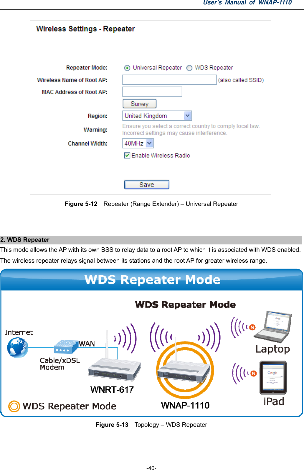 User’s Manual of WNAP-1110  -40-  Figure 5-12    Repeater (Range Extender) – Universal Repeater   2. WDS Repeater This mode allows the AP with its own BSS to relay data to a root AP to which it is associated with WDS enabled. The wireless repeater relays signal between its stations and the root AP for greater wireless range.  Figure 5-13    Topology – WDS Repeater   