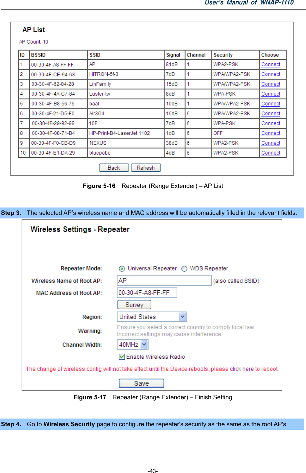 User’s Manual of WNAP-1110  -43-  Figure 5-16    Repeater (Range Extender) – AP List  Step 3.  The selected AP’s wireless name and MAC address will be automatically filled in the relevant fields.    Figure 5-17    Repeater (Range Extender) – Finish Setting  Step 4.  Go to Wireless Security page to configure the repeater&apos;s security as the same as the root AP&apos;s. 