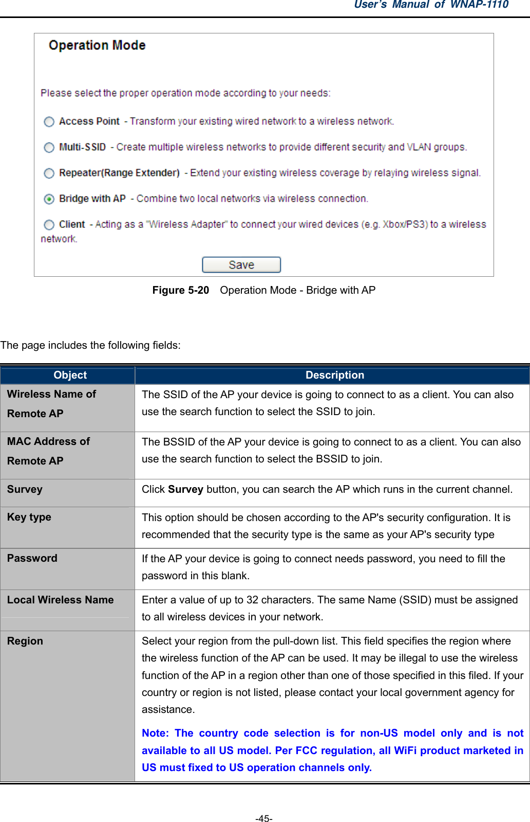 User’s Manual of WNAP-1110  -45-  Figure 5-20    Operation Mode - Bridge with AP  The page includes the following fields: Object  Description Wireless Name of Remote AP The SSID of the AP your device is going to connect to as a client. You can also use the search function to select the SSID to join. MAC Address of Remote AP The BSSID of the AP your device is going to connect to as a client. You can also use the search function to select the BSSID to join. Survey  Click Survey button, you can search the AP which runs in the current channel. Key type  This option should be chosen according to the AP&apos;s security configuration. It is recommended that the security type is the same as your AP&apos;s security type Password  If the AP your device is going to connect needs password, you need to fill the password in this blank. Local Wireless Name  Enter a value of up to 32 characters. The same Name (SSID) must be assigned to all wireless devices in your network. Region  Select your region from the pull-down list. This field specifies the region where the wireless function of the AP can be used. It may be illegal to use the wireless function of the AP in a region other than one of those specified in this filed. If your country or region is not listed, please contact your local government agency for assistance. Note: The country code selection is for non-US model only and is not available to all US model. Per FCC regulation, all WiFi product marketed in US must fixed to US operation channels only. 