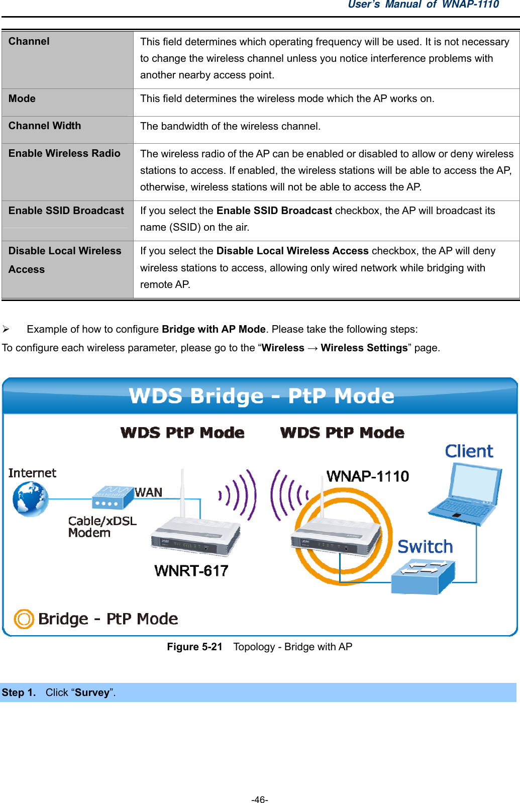 User’s Manual of WNAP-1110  -46- Channel  This field determines which operating frequency will be used. It is not necessary to change the wireless channel unless you notice interference problems with another nearby access point. Mode  This field determines the wireless mode which the AP works on. Channel Width  The bandwidth of the wireless channel. Enable Wireless Radio  The wireless radio of the AP can be enabled or disabled to allow or deny wireless stations to access. If enabled, the wireless stations will be able to access the AP, otherwise, wireless stations will not be able to access the AP. Enable SSID Broadcast  If you select the Enable SSID Broadcast checkbox, the AP will broadcast its name (SSID) on the air. Disable Local Wireless Access If you select the Disable Local Wireless Access checkbox, the AP will deny wireless stations to access, allowing only wired network while bridging with remote AP.    Example of how to configure Bridge with AP Mode. Please take the following steps: To configure each wireless parameter, please go to the “Wireless → Wireless Settings” page.   Figure 5-21    Topology - Bridge with AP  Step 1.  Click “Survey”. 