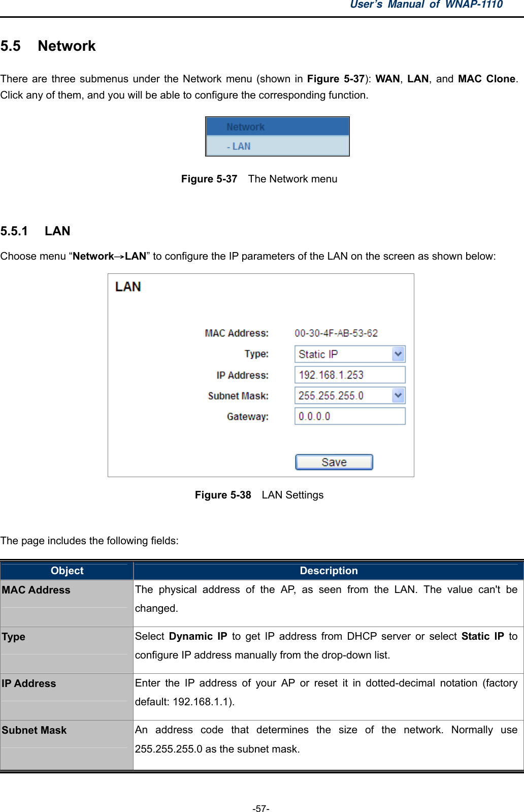 User’s Manual of WNAP-1110  -57- 5.5  Network There are three submenus under the Network menu (shown in Figure 5-37): WAN, LAN, and MAC Clone. Click any of them, and you will be able to configure the corresponding function.    Figure 5-37  The Network menu  5.5.1  LAN Choose menu “Network→LAN” to configure the IP parameters of the LAN on the screen as shown below:  Figure 5-38    LAN Settings  The page includes the following fields: Object  Description MAC Address The physical address of the AP, as seen from the LAN. The value can&apos;t be changed. Type  Select  Dynamic IP to get IP address from DHCP server or select Static IP to configure IP address manually from the drop-down list. IP Address Enter the IP address of your AP or reset it in dotted-decimal notation (factory default: 192.168.1.1). Subnet Mask An address code that determines the size of the network. Normally use 255.255.255.0 as the subnet mask. 