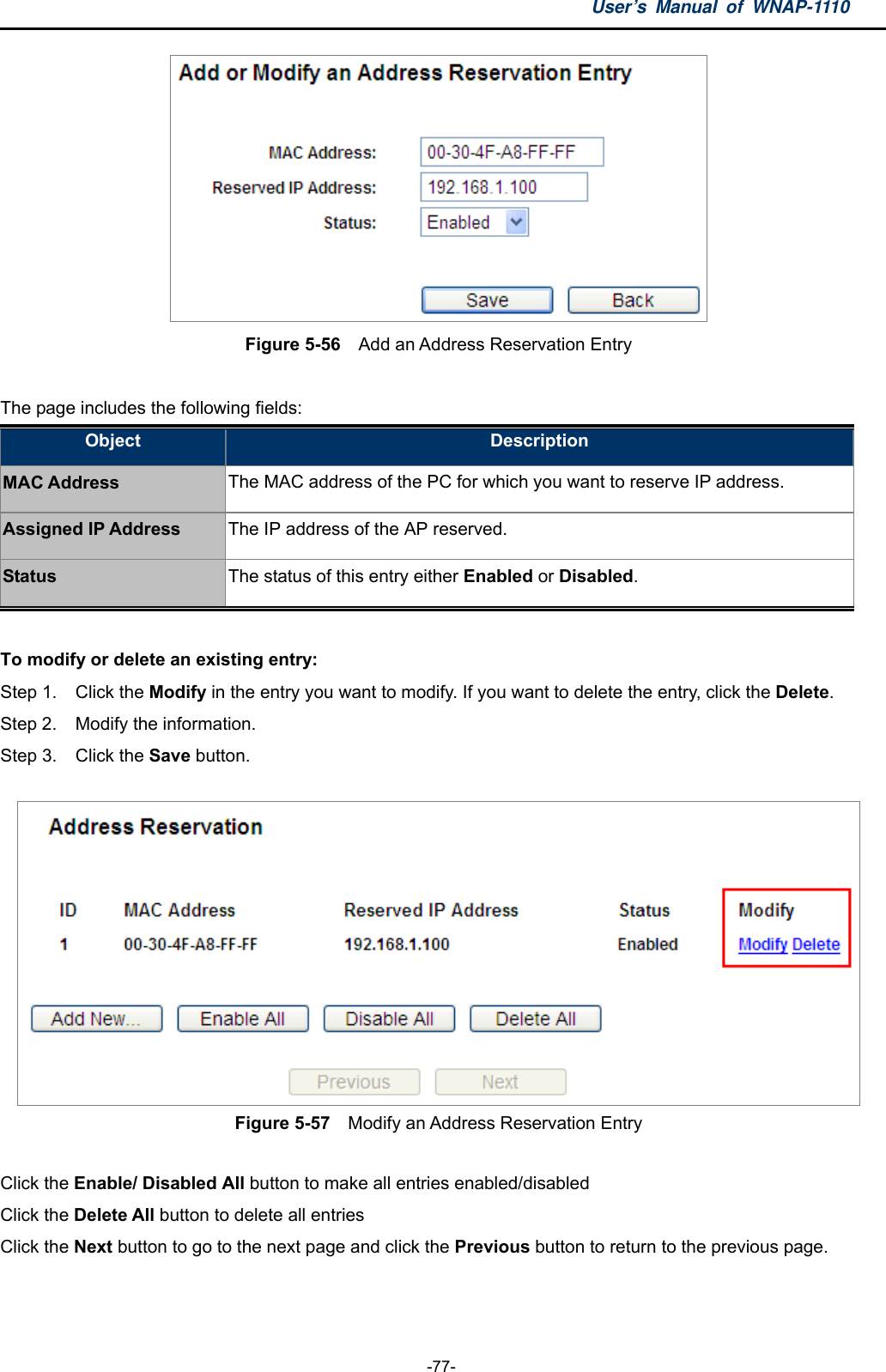 User’s Manual of WNAP-1110  -77-  Figure 5-56    Add an Address Reservation Entry  The page includes the following fields: Object  Description MAC Address The MAC address of the PC for which you want to reserve IP address. Assigned IP Address The IP address of the AP reserved. Status The status of this entry either Enabled or Disabled.  To modify or delete an existing entry: Step 1.  Click the Modify in the entry you want to modify. If you want to delete the entry, click the Delete. Step 2.  Modify the information.   Step 3.  Click the Save button.   Figure 5-57    Modify an Address Reservation Entry  Click the Enable/ Disabled All button to make all entries enabled/disabled Click the Delete All button to delete all entries Click the Next button to go to the next page and click the Previous button to return to the previous page.  