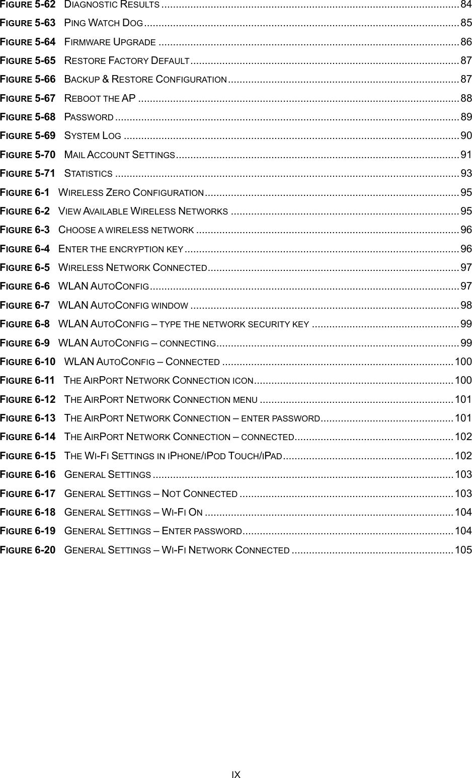  IX FIGURE 5-62  DIAGNOSTIC RESULTS .......................................................................................................84 FIGURE 5-63  PING WATCH DOG.............................................................................................................85 FIGURE 5-64  FIRMWARE UPGRADE ........................................................................................................86 FIGURE 5-65  RESTORE FACTORY DEFAULT.............................................................................................87 FIGURE 5-66  BACKUP &amp; RESTORE CONFIGURATION................................................................................87 FIGURE 5-67  REBOOT THE AP ...............................................................................................................88 FIGURE 5-68  PASSWORD .......................................................................................................................89 FIGURE 5-69  SYSTEM LOG ....................................................................................................................90 FIGURE 5-70  MAIL ACCOUNT SETTINGS..................................................................................................91 FIGURE 5-71  STATISTICS .......................................................................................................................93 FIGURE 6-1  WIRELESS ZERO CONFIGURATION........................................................................................95 FIGURE 6-2  VIEW AVAILABLE WIRELESS NETWORKS ...............................................................................95 FIGURE 6-3  CHOOSE A WIRELESS NETWORK ...........................................................................................96 FIGURE 6-4  ENTER THE ENCRYPTION KEY ...............................................................................................96 FIGURE 6-5  WIRELESS NETWORK CONNECTED.......................................................................................97 FIGURE 6-6  WLAN AUTOCONFIG...........................................................................................................97 FIGURE 6-7  WLAN AUTOCONFIG WINDOW .............................................................................................98 FIGURE 6-8  WLAN AUTOCONFIG – TYPE THE NETWORK SECURITY KEY ...................................................99 FIGURE 6-9  WLAN AUTOCONFIG – CONNECTING....................................................................................99 FIGURE 6-10  WLAN AUTOCONFIG – CONNECTED ................................................................................100 FIGURE 6-11  THE AIRPORT NETWORK CONNECTION ICON.....................................................................100 FIGURE 6-12  THE AIRPORT NETWORK CONNECTION MENU ...................................................................101 FIGURE 6-13  THE AIRPORT NETWORK CONNECTION – ENTER PASSWORD..............................................101 FIGURE 6-14  THE AIRPORT NETWORK CONNECTION – CONNECTED.......................................................102 FIGURE 6-15  THE WI-FI SETTINGS IN IPHONE/IPOD TOUCH/IPAD...........................................................102 FIGURE 6-16  GENERAL SETTINGS ........................................................................................................103 FIGURE 6-17  GENERAL SETTINGS – NOT CONNECTED ..........................................................................103 FIGURE 6-18  GENERAL SETTINGS – WI-FI ON......................................................................................104 FIGURE 6-19  GENERAL SETTINGS – ENTER PASSWORD.........................................................................104 FIGURE 6-20  GENERAL SETTINGS – WI-FI NETWORK CONNECTED ........................................................105 