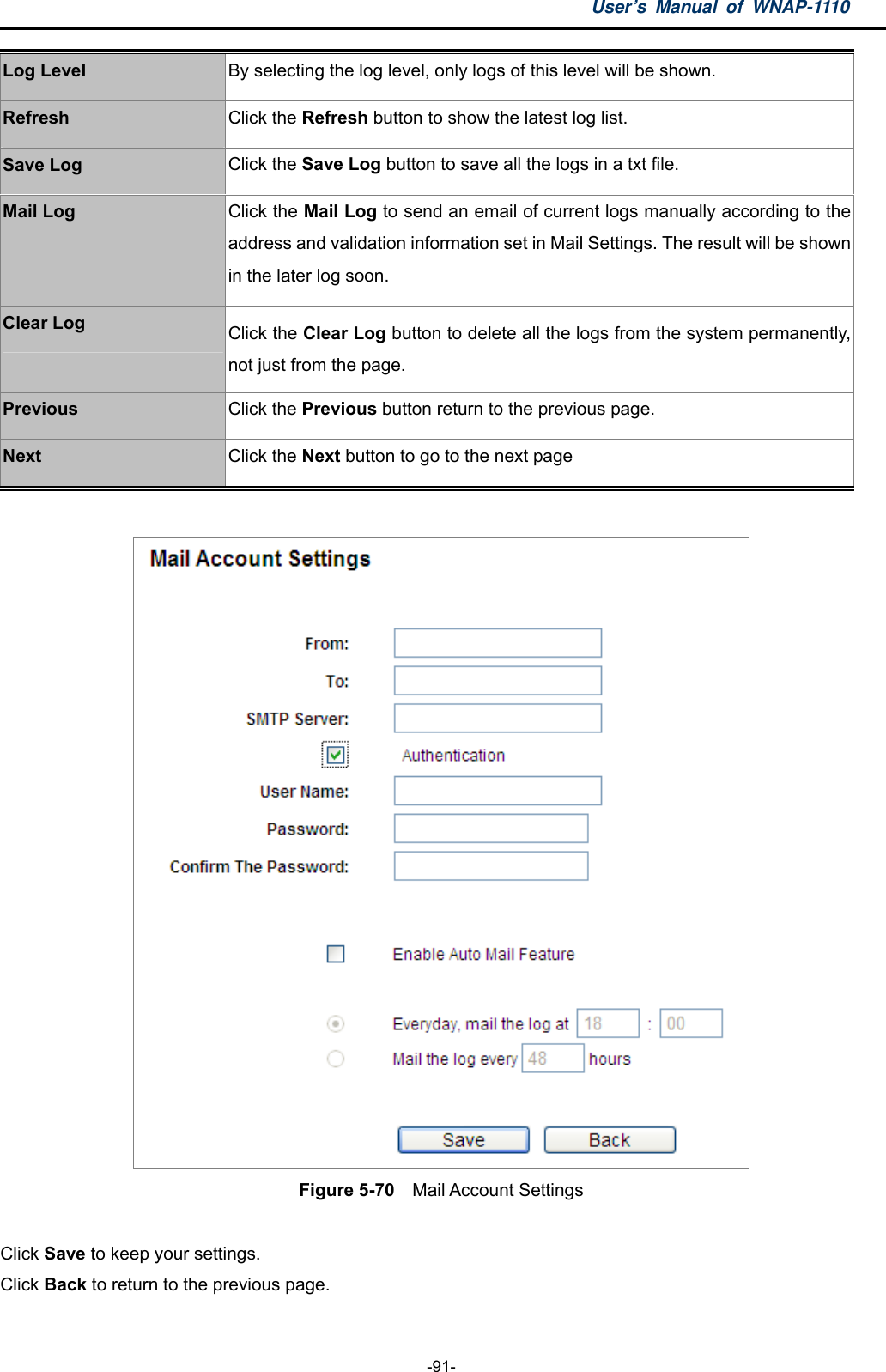 User’s Manual of WNAP-1110  -91- Log Level  By selecting the log level, only logs of this level will be shown. Refresh  Click the Refresh button to show the latest log list. Save Log  Click the Save Log button to save all the logs in a txt file. Mail Log  Click the Mail Log to send an email of current logs manually according to the address and validation information set in Mail Settings. The result will be shown in the later log soon. Clear Log  Click the Clear Log button to delete all the logs from the system permanently, not just from the page. Previous  Click the Previous button return to the previous page. Next  Click the Next button to go to the next page   Figure 5-70  Mail Account Settings  Click Save to keep your settings. Click Back to return to the previous page.  