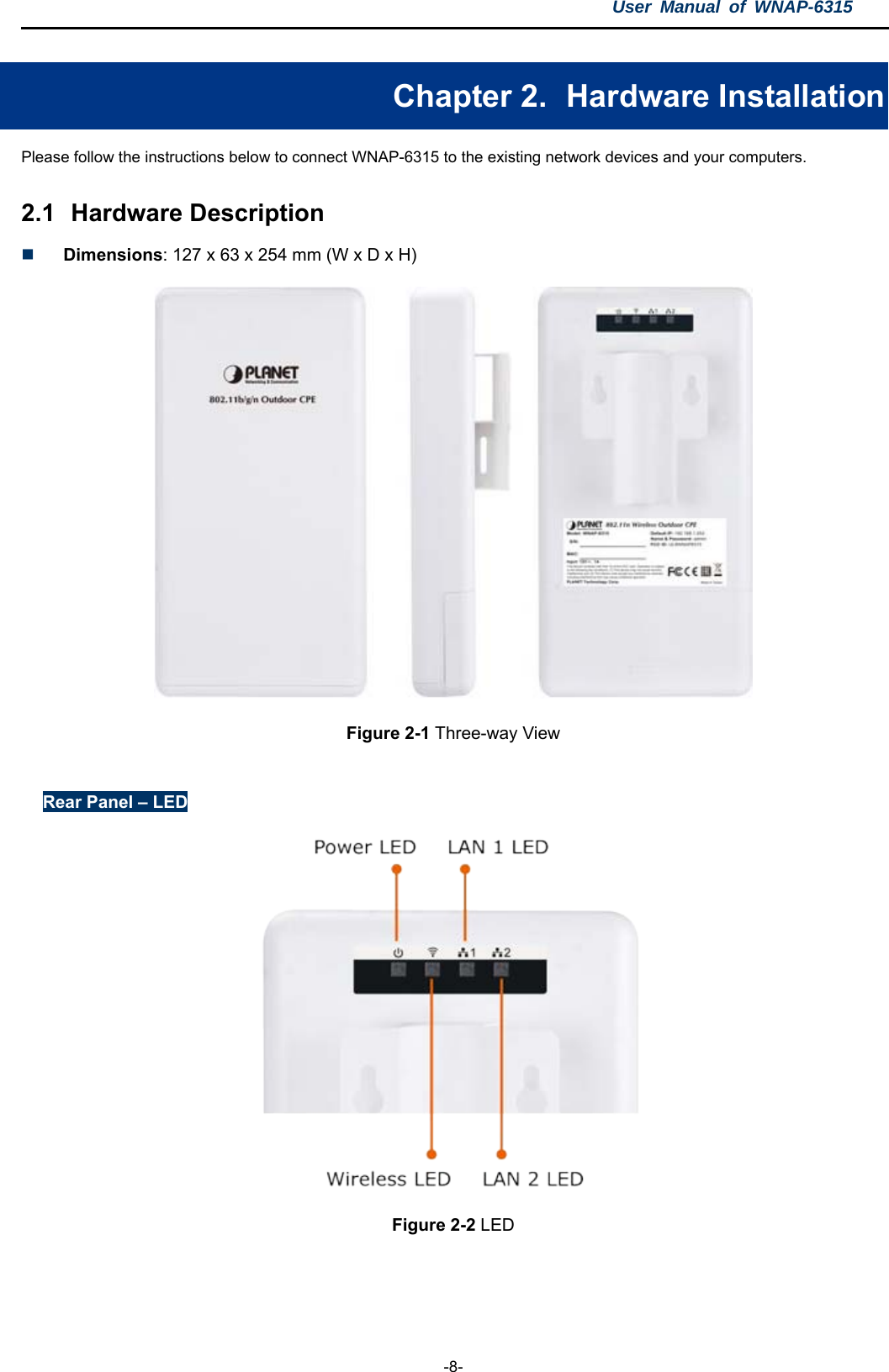 User Manual of WNAP-6315  -8- Chapter 2.   Hardware Installation Please follow the instructions below to connect WNAP-6315 to the existing network devices and your computers. 2.1  Hardware Description  Dimensions: 127 x 63 x 254 mm (W x D x H)  Figure 2-1 Three-way View  Rear Panel – LED  Figure 2-2 LED  