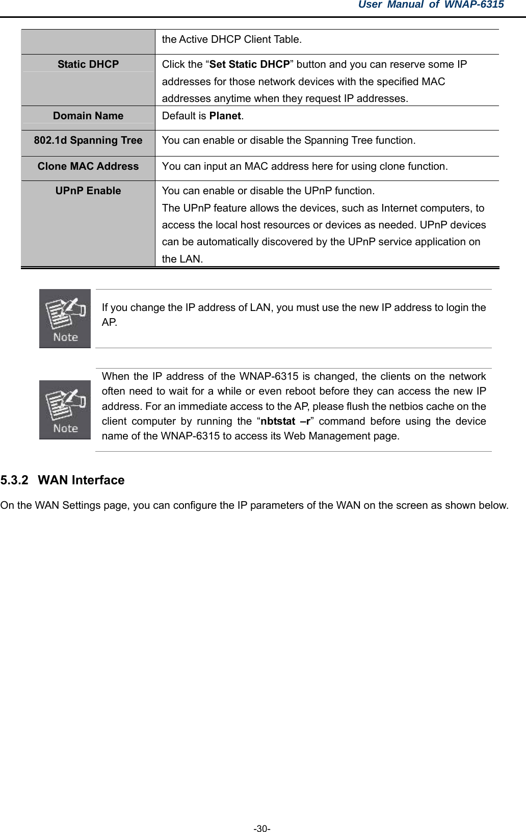 User Manual of WNAP-6315  -30- the Active DHCP Client Table. Static DHCP  Click the “Set Static DHCP” button and you can reserve some IP addresses for those network devices with the specified MAC addresses anytime when they request IP addresses. Domain Name  Default is Planet. 802.1d Spanning Tree  You can enable or disable the Spanning Tree function. Clone MAC Address  You can input an MAC address here for using clone function. UPnP Enable  You can enable or disable the UPnP function.   The UPnP feature allows the devices, such as Internet computers, to access the local host resources or devices as needed. UPnP devices can be automatically discovered by the UPnP service application on the LAN.   If you change the IP address of LAN, you must use the new IP address to login the AP.    When the IP address of the WNAP-6315 is changed, the clients on the network often need to wait for a while or even reboot before they can access the new IP address. For an immediate access to the AP, please flush the netbios cache on the client computer by running the “nbtstat –r” command before using the device name of the WNAP-6315 to access its Web Management page.  5.3.2  WAN Interface On the WAN Settings page, you can configure the IP parameters of the WAN on the screen as shown below. 