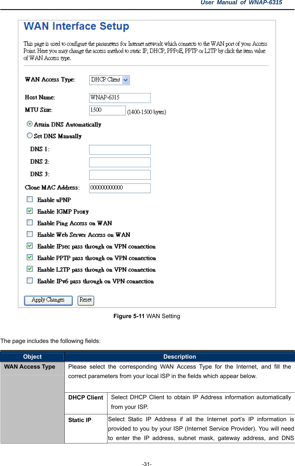 User Manual of WNAP-6315  -31-  Figure 5-11 WAN Setting  The page includes the following fields: Object  Description Please select the corresponding WAN Access Type for the Internet, and fill the correct parameters from your local ISP in the fields which appear below. DHCP Client  Select DHCP Client to obtain IP Address information automatically from your ISP. WAN Access Type Static IP  Select Static IP Address if all the Internet port’s IP information is provided to you by your ISP (Internet Service Provider). You will need to enter the IP address, subnet mask, gateway address, and DNS 