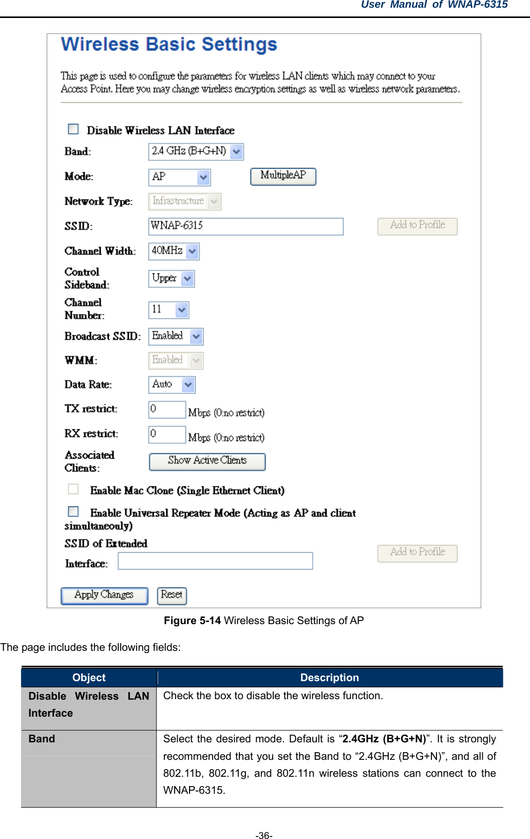 User Manual of WNAP-6315  -36-  Figure 5-14 Wireless Basic Settings of AP The page includes the following fields: Object  Description Disable Wireless LAN Interface Check the box to disable the wireless function. Band  Select the desired mode. Default is “2.4GHz (B+G+N)”. It is strongly recommended that you set the Band to “2.4GHz (B+G+N)”, and all of 802.11b, 802.11g, and 802.11n wireless stations can connect to the WNAP-6315. 