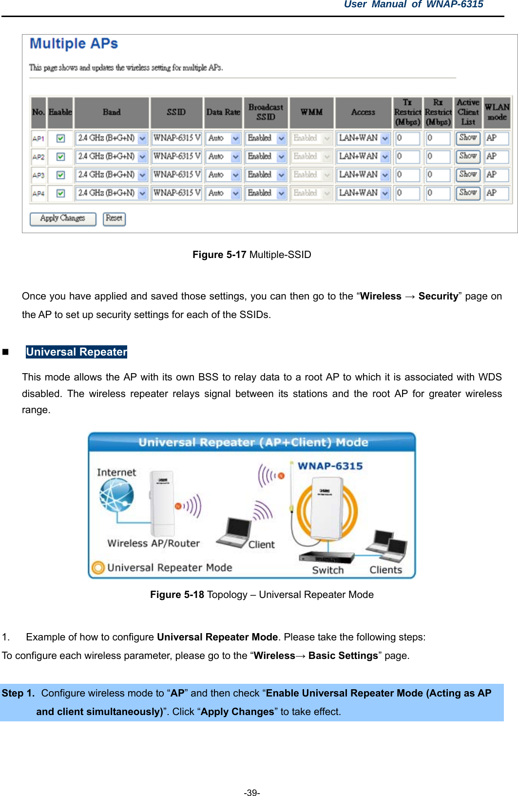 User Manual of WNAP-6315  -39-  Figure 5-17 Multiple-SSID  Once you have applied and saved those settings, you can then go to the “Wireless → Security” page on the AP to set up security settings for each of the SSIDs.     Universal Repeater This mode allows the AP with its own BSS to relay data to a root AP to which it is associated with WDS disabled. The wireless repeater relays signal between its stations and the root AP for greater wireless range.  Figure 5-18 Topology – Universal Repeater Mode  1.  Example of how to configure Universal Repeater Mode. Please take the following steps: To configure each wireless parameter, please go to the “Wireless→ Basic Settings” page.  Step 1.   Configure wireless mode to “AP” and then check “Enable Universal Repeater Mode (Acting as AP and client simultaneously)”. Click “Apply Changes” to take effect. 