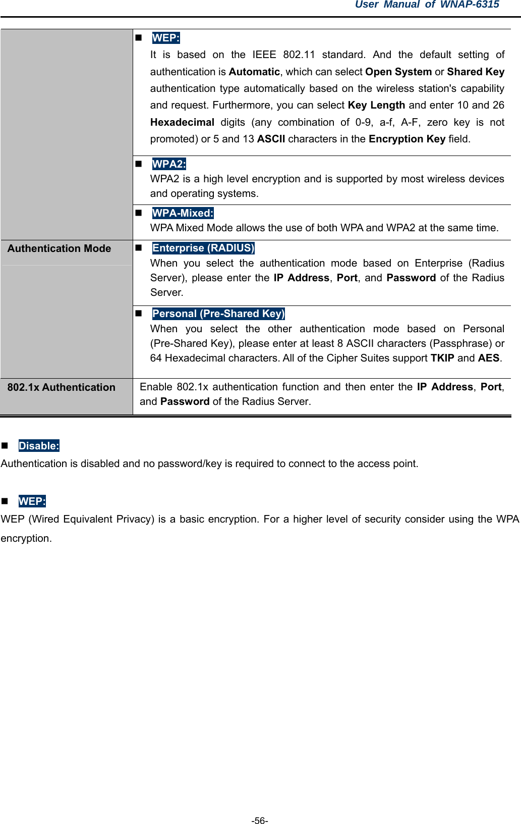 User Manual of WNAP-6315  -56-  WEP: It is based on the IEEE 802.11 standard. And the default setting of authentication is Automatic, which can select Open System or Shared Key authentication type automatically based on the wireless station&apos;s capability and request. Furthermore, you can select Key Length and enter 10 and 26 Hexadecimal digits (any combination of 0-9, a-f, A-F, zero key is not promoted) or 5 and 13 ASCII characters in the Encryption Key field.  WPA2: WPA2 is a high level encryption and is supported by most wireless devices and operating systems.  WPA-Mixed: WPA Mixed Mode allows the use of both WPA and WPA2 at the same time.  Enterprise (RADIUS) When you select the authentication mode based on Enterprise (Radius Server), please enter the IP Address, Port, and Password of the Radius Server.  Authentication Mode  Personal (Pre-Shared Key) When you select the other authentication mode based on Personal (Pre-Shared Key), please enter at least 8 ASCII characters (Passphrase) or 64 Hexadecimal characters. All of the Cipher Suites support TKIP and AES. 802.1x Authentication  Enable 802.1x authentication function and then enter the IP Address,  Port, and Password of the Radius Server.   Disable: Authentication is disabled and no password/key is required to connect to the access point.   WEP: WEP (Wired Equivalent Privacy) is a basic encryption. For a higher level of security consider using the WPA encryption.  