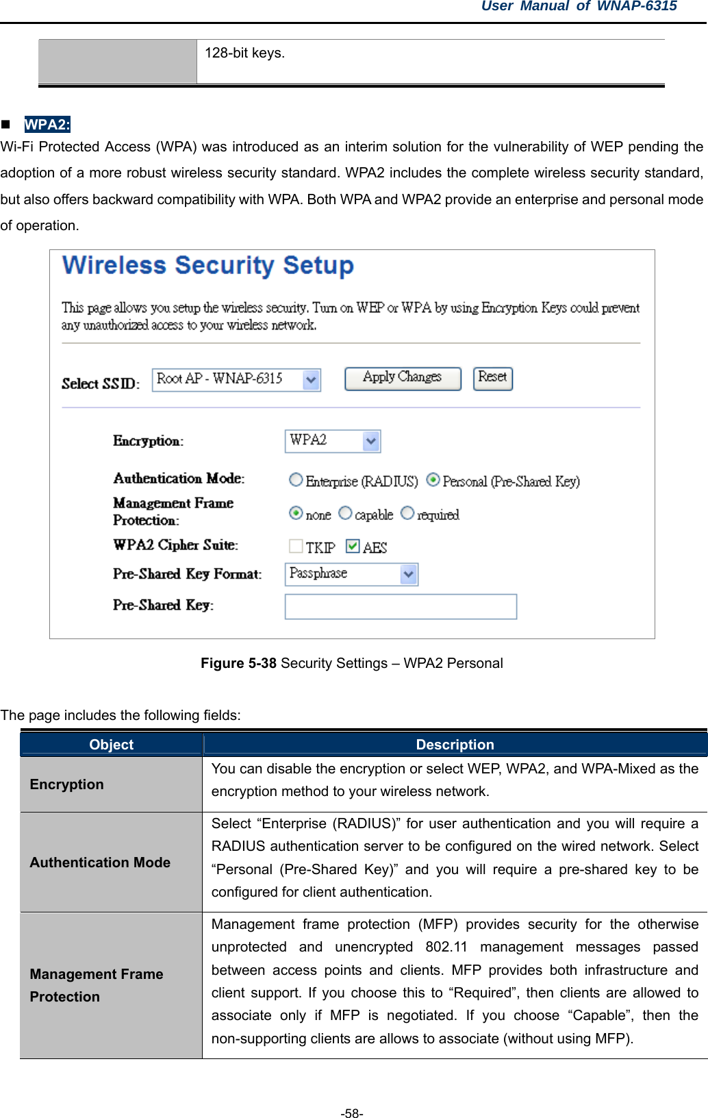 User Manual of WNAP-6315  -58- 128-bit keys.   WPA2: Wi-Fi Protected Access (WPA) was introduced as an interim solution for the vulnerability of WEP pending the adoption of a more robust wireless security standard. WPA2 includes the complete wireless security standard, but also offers backward compatibility with WPA. Both WPA and WPA2 provide an enterprise and personal mode of operation.  Figure 5-38 Security Settings – WPA2 Personal  The page includes the following fields: Object  Description Encryption You can disable the encryption or select WEP, WPA2, and WPA-Mixed as the encryption method to your wireless network. Authentication Mode Select “Enterprise (RADIUS)” for user authentication and you will require a RADIUS authentication server to be configured on the wired network. Select “Personal (Pre-Shared Key)” and you will require a pre-shared key to be configured for client authentication. Management Frame Protection Management frame protection (MFP) provides security for the otherwise unprotected and unencrypted 802.11 management messages passed between access points and clients. MFP provides both infrastructure and client support. If you choose this to “Required”, then clients are allowed to associate only if MFP is negotiated. If you choose “Capable”, then the non-supporting clients are allows to associate (without using MFP). 