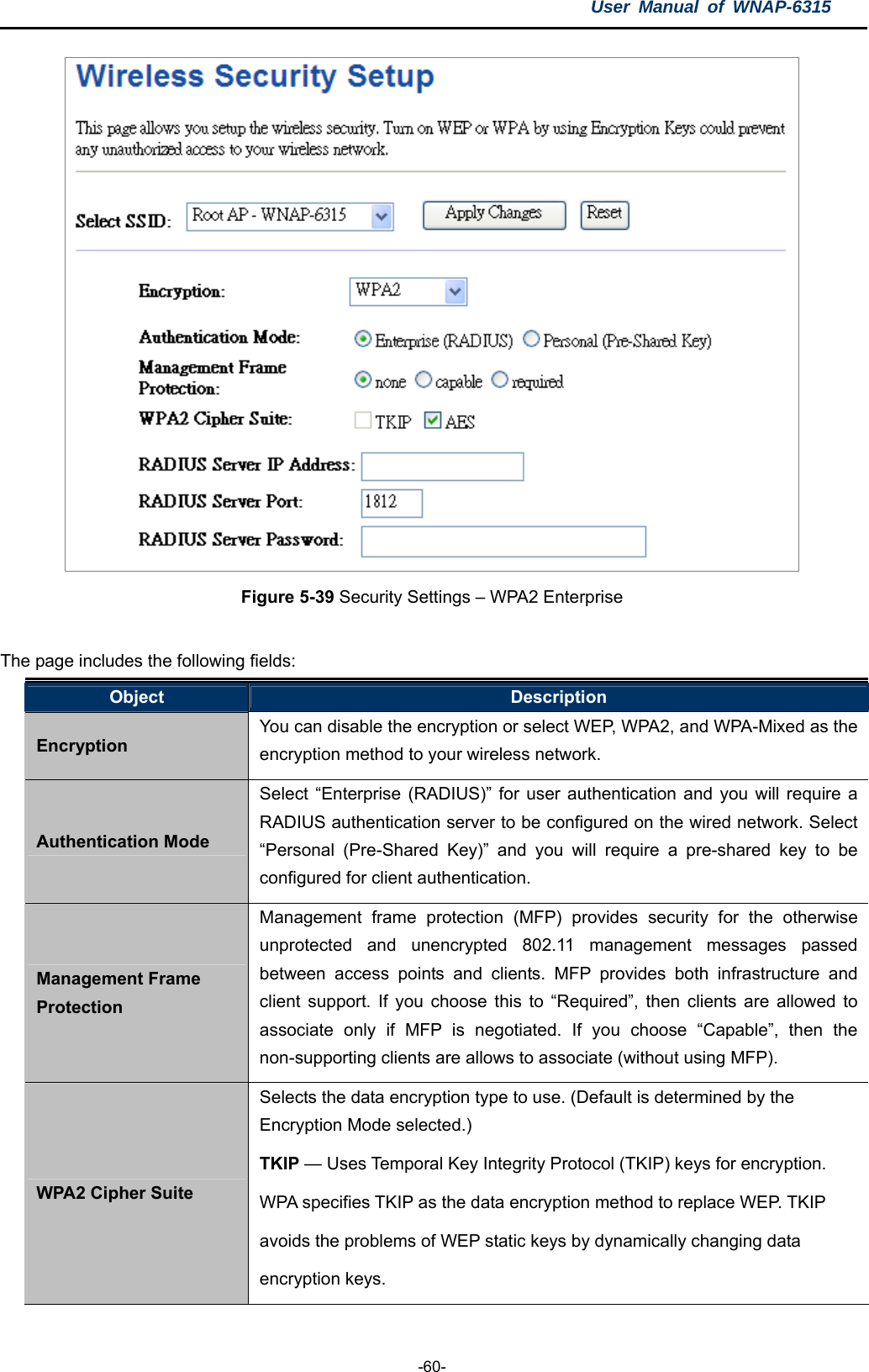 User Manual of WNAP-6315  -60-  Figure 5-39 Security Settings – WPA2 Enterprise  The page includes the following fields: Object  Description Encryption You can disable the encryption or select WEP, WPA2, and WPA-Mixed as the encryption method to your wireless network. Authentication Mode Select “Enterprise (RADIUS)” for user authentication and you will require a RADIUS authentication server to be configured on the wired network. Select “Personal (Pre-Shared Key)” and you will require a pre-shared key to be configured for client authentication. Management Frame Protection Management frame protection (MFP) provides security for the otherwise unprotected and unencrypted 802.11 management messages passed between access points and clients. MFP provides both infrastructure and client support. If you choose this to “Required”, then clients are allowed to associate only if MFP is negotiated. If you choose “Capable”, then the non-supporting clients are allows to associate (without using MFP). WPA2 Cipher Suite Selects the data encryption type to use. (Default is determined by the Encryption Mode selected.) TKIP — Uses Temporal Key Integrity Protocol (TKIP) keys for encryption.   WPA specifies TKIP as the data encryption method to replace WEP. TKIP   avoids the problems of WEP static keys by dynamically changing data   encryption keys. 