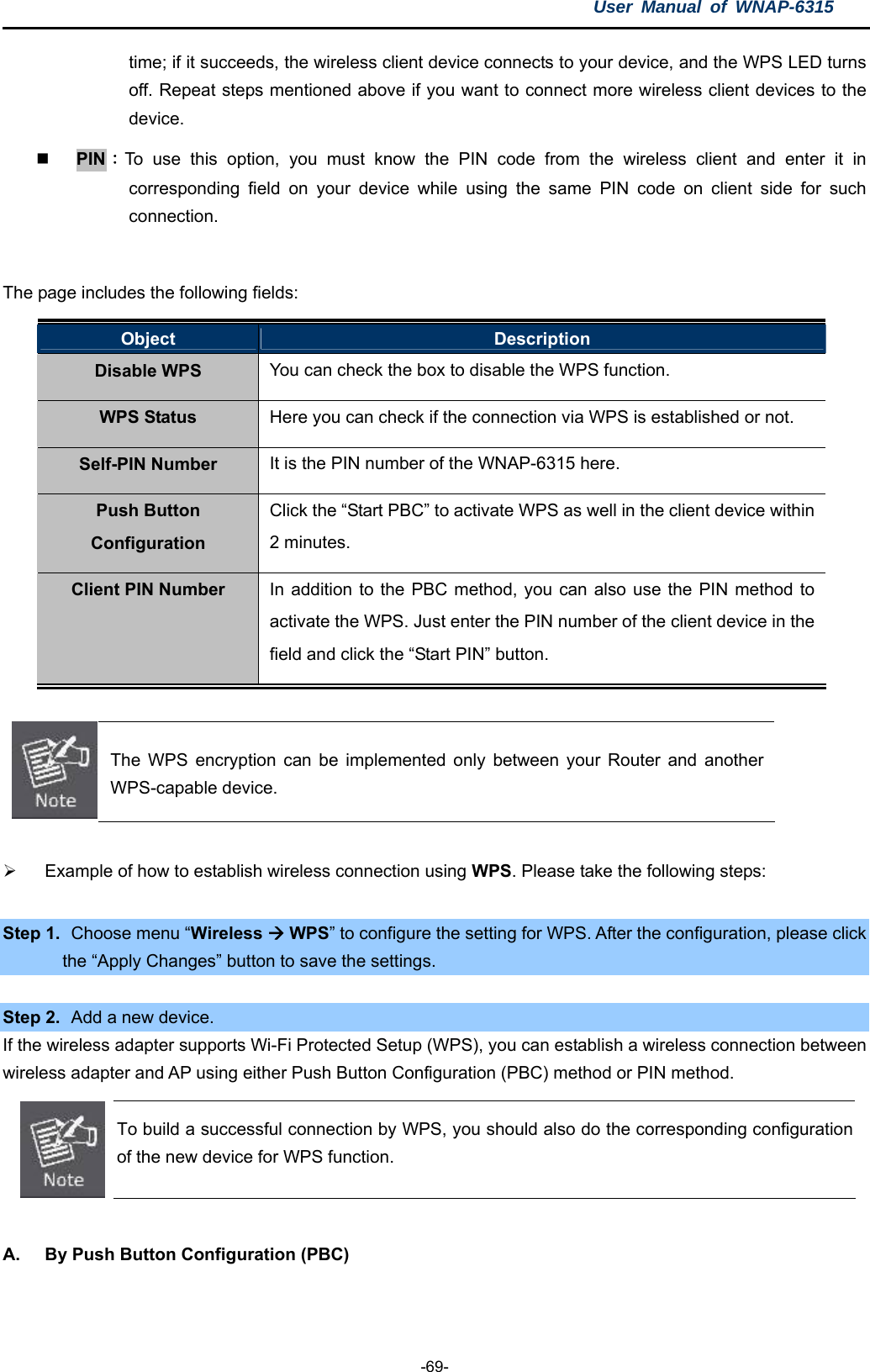 User Manual of WNAP-6315  -69- time; if it succeeds, the wireless client device connects to your device, and the WPS LED turns off. Repeat steps mentioned above if you want to connect more wireless client devices to the device.  PIN：To use this option, you must know the PIN code from the wireless client and enter it in corresponding field on your device while using the same PIN code on client side for such connection.  The page includes the following fields: Object  Description Disable WPS  You can check the box to disable the WPS function. WPS Status  Here you can check if the connection via WPS is established or not. Self-PIN Number  It is the PIN number of the WNAP-6315 here. Push Button Configuration Click the “Start PBC” to activate WPS as well in the client device within 2 minutes. Client PIN Number  In addition to the PBC method, you can also use the PIN method to activate the WPS. Just enter the PIN number of the client device in the field and click the “Start PIN” button.   The WPS encryption can be implemented only between your Router and another WPS-capable device.    Example of how to establish wireless connection using WPS. Please take the following steps:  Step 1.   Choose menu “Wireless  WPS” to configure the setting for WPS. After the configuration, please click the “Apply Changes” button to save the settings.  Step 2.   Add a new device. If the wireless adapter supports Wi-Fi Protected Setup (WPS), you can establish a wireless connection between wireless adapter and AP using either Push Button Configuration (PBC) method or PIN method.  To build a successful connection by WPS, you should also do the corresponding configuration of the new device for WPS function.  A.  By Push Button Configuration (PBC) 