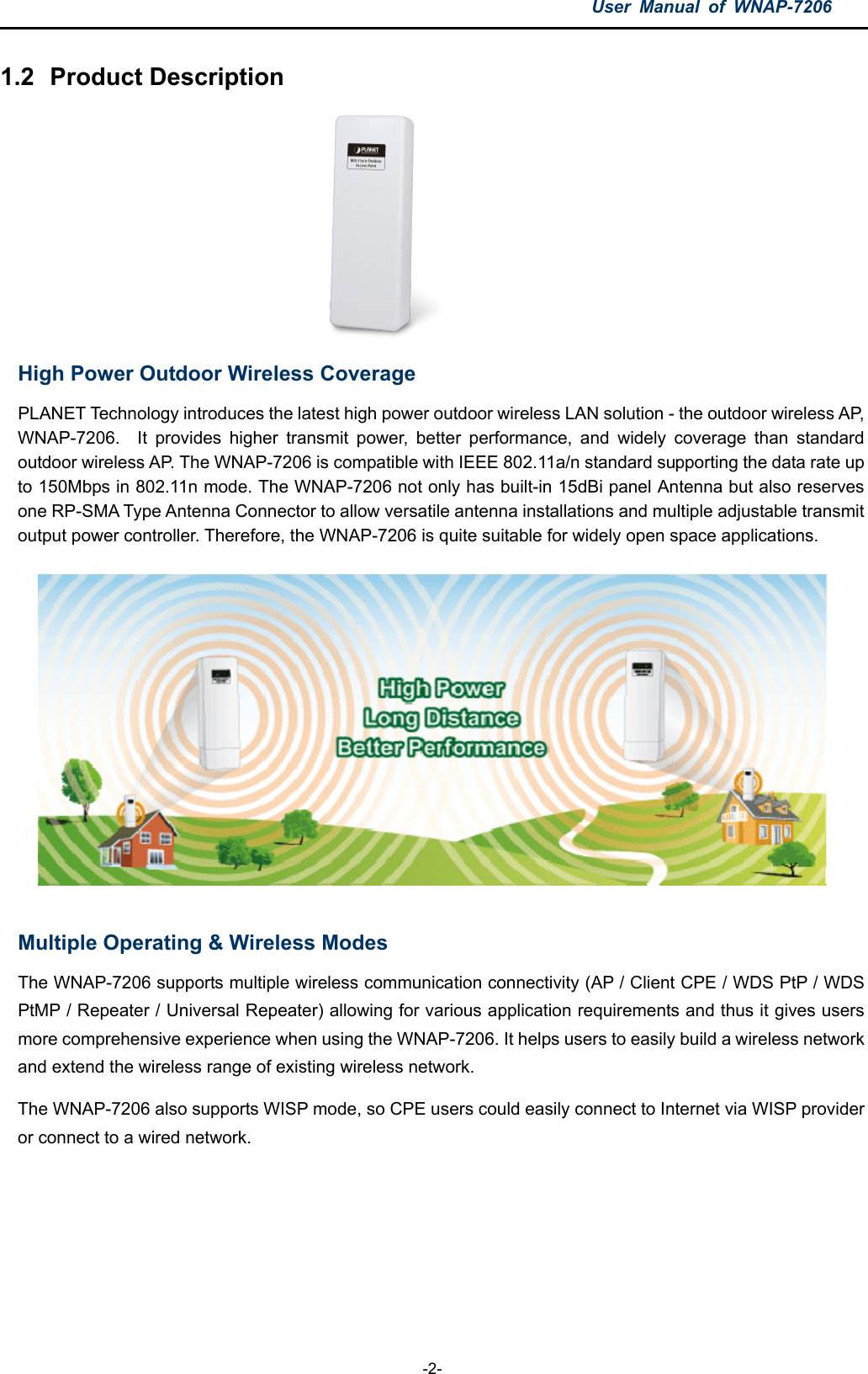 User  Manual  of  WNAP-7206  -2- 1.2  Product Description   High Power Outdoor Wireless Coverage   PLANET Technology introduces the latest high power outdoor wireless LAN solution - the outdoor wireless AP, WNAP-7206.  It  provides  higher  transmit  power,  better  performance,  and  widely  coverage  than  standard outdoor wireless AP. The WNAP-7206 is compatible with IEEE 802.11a/n standard supporting the data rate up to 150Mbps in 802.11n mode. The WNAP-7206 not only has built-in 15dBi panel Antenna but also reserves one RP-SMA Type Antenna Connector to allow versatile antenna installations and multiple adjustable transmit output power controller. Therefore, the WNAP-7206 is quite suitable for widely open space applications.     Multiple Operating &amp; Wireless Modes The WNAP-7206 supports multiple wireless communication connectivity (AP / Client CPE / WDS PtP / WDS PtMP / Repeater / Universal Repeater) allowing for various application requirements and thus it gives users more comprehensive experience when using the WNAP-7206. It helps users to easily build a wireless network and extend the wireless range of existing wireless network. The WNAP-7206 also supports WISP mode, so CPE users could easily connect to Internet via WISP provider or connect to a wired network.        