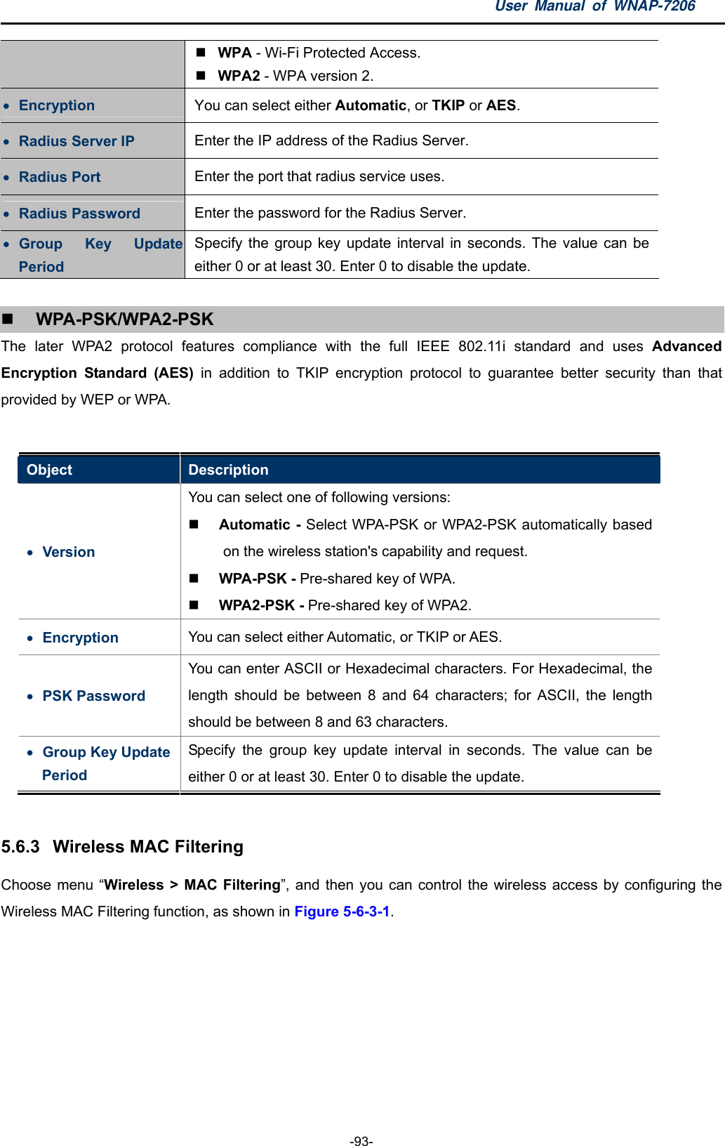 User Manual of WNAP-7206  -93-  WPA - Wi-Fi Protected Access.  WPA2 - WPA version 2.  Encryption  You can select either Automatic, or TKIP or AES.   Radius Server IP  Enter the IP address of the Radius Server.  Radius Port  Enter the port that radius service uses.  Radius Password  Enter the password for the Radius Server.  Group Key Update Period Specify the group key update interval in seconds. The value can be either 0 or at least 30. Enter 0 to disable the update.   WPA-PSK/WPA2-PSK The later WPA2 protocol features compliance with the full IEEE 802.11i standard and uses Advanced Encryption Standard (AES) in addition to TKIP encryption protocol to guarantee better security than that provided by WEP or WPA.  Object  Description  Version You can select one of following versions:    Automatic - Select WPA-PSK or WPA2-PSK automatically based on the wireless station&apos;s capability and request.    WPA-PSK - Pre-shared key of WPA.    WPA2-PSK - Pre-shared key of WPA2.    Encryption  You can select either Automatic, or TKIP or AES.    PSK Password You can enter ASCII or Hexadecimal characters. For Hexadecimal, the length should be between 8 and 64 characters; for ASCII, the length should be between 8 and 63 characters.  Group Key Update Period Specify the group key update interval in seconds. The value can be either 0 or at least 30. Enter 0 to disable the update.  5.6.3  Wireless MAC Filtering Choose menu “Wireless &gt; MAC Filtering”, and then you can control the wireless access by configuring the Wireless MAC Filtering function, as shown in Figure 5-6-3-1. 