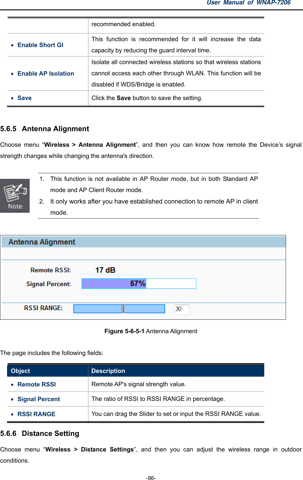 User Manual of WNAP-7206  -96- recommended enabled.  Enable Short GI This function is recommended for it will increase the data capacity by reducing the guard interval time.  Enable AP Isolation Isolate all connected wireless stations so that wireless stations cannot access each other through WLAN. This function will be disabled if WDS/Bridge is enabled.  Save  Click the Save button to save the setting.  5.6.5  Antenna Alignment Choose menu “Wireless &gt; Antenna Alignment”, and then you can know how remote the Device’s signal strength changes while changing the antenna&apos;s direction.   1.  This function is not available in AP Router mode, but in both Standard AP mode and AP Client Router mode. 2.  It only works after you have established connection to remote AP in client mode.   Figure 5-6-5-1 Antenna Alignment  The page includes the following fields: Object  Description  Remote RSSI    Remote AP&apos;s signal strength value.  Signal Percent  The ratio of RSSI to RSSI RANGE in percentage.  RSSI RANGE  You can drag the Slider to set or input the RSSI RANGE value. 5.6.6  Distance Setting Choose menu “Wireless &gt; Distance Settings”, and then you can adjust the wireless range in outdoor conditions. 