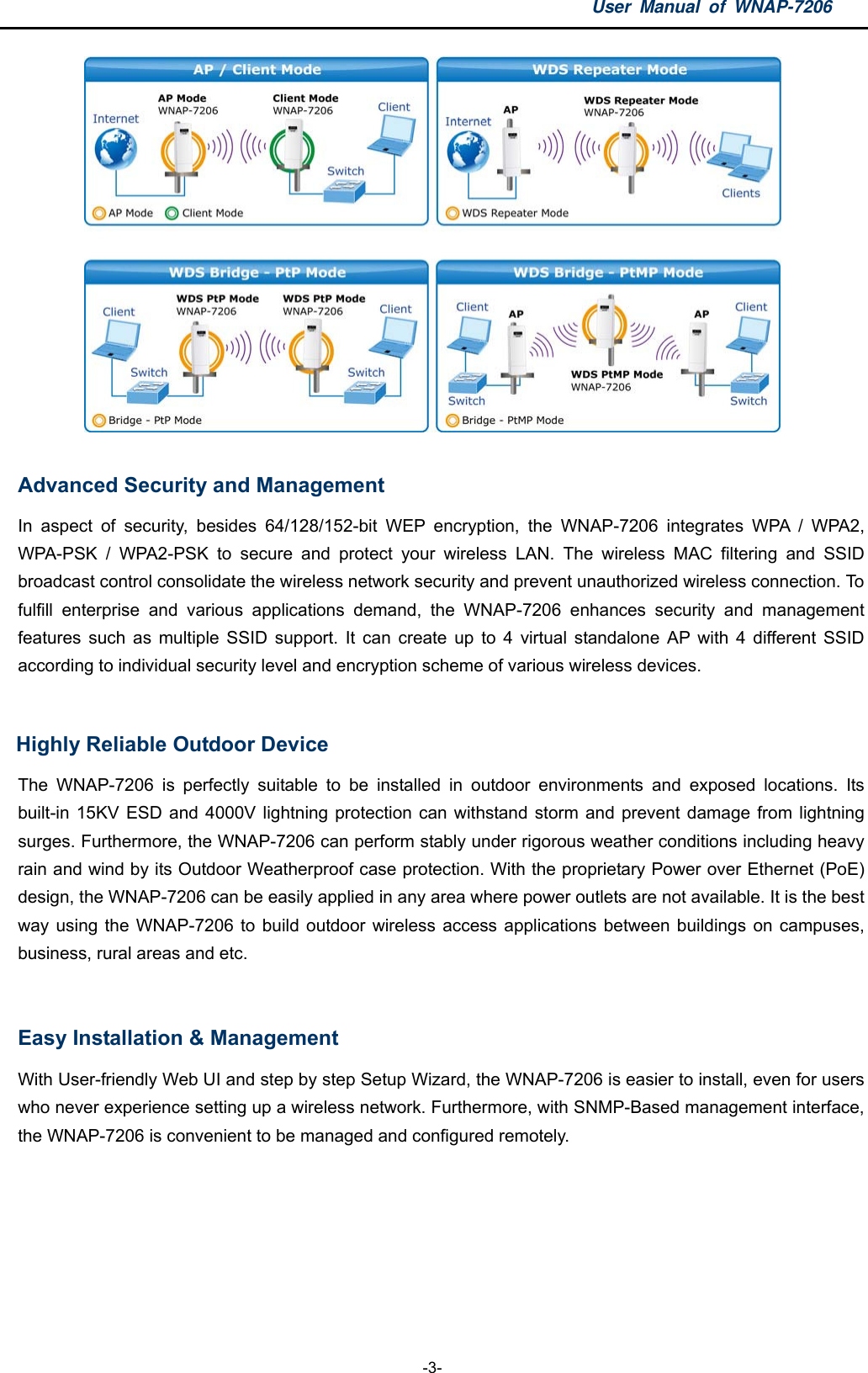 User Manual of WNAP-7206  -3-   Advanced Security and Management In aspect of security, besides 64/128/152-bit WEP encryption, the WNAP-7206 integrates WPA / WPA2, WPA-PSK / WPA2-PSK to secure and protect your wireless LAN. The wireless MAC filtering and SSID broadcast control consolidate the wireless network security and prevent unauthorized wireless connection. To fulfill enterprise and various applications demand, the WNAP-7206 enhances security and management features such as multiple SSID support. It can create up to 4 virtual standalone AP with 4 different SSID according to individual security level and encryption scheme of various wireless devices.  Highly Reliable Outdoor Device The WNAP-7206 is perfectly suitable to be installed in outdoor environments and exposed locations. Its built-in 15KV ESD and 4000V lightning protection can withstand storm and prevent damage from lightning surges. Furthermore, the WNAP-7206 can perform stably under rigorous weather conditions including heavy rain and wind by its Outdoor Weatherproof case protection. With the proprietary Power over Ethernet (PoE) design, the WNAP-7206 can be easily applied in any area where power outlets are not available. It is the best way using the WNAP-7206 to build outdoor wireless access applications between buildings on campuses, business, rural areas and etc.  Easy Installation &amp; Management With User-friendly Web UI and step by step Setup Wizard, the WNAP-7206 is easier to install, even for users who never experience setting up a wireless network. Furthermore, with SNMP-Based management interface, the WNAP-7206 is convenient to be managed and configured remotely.    