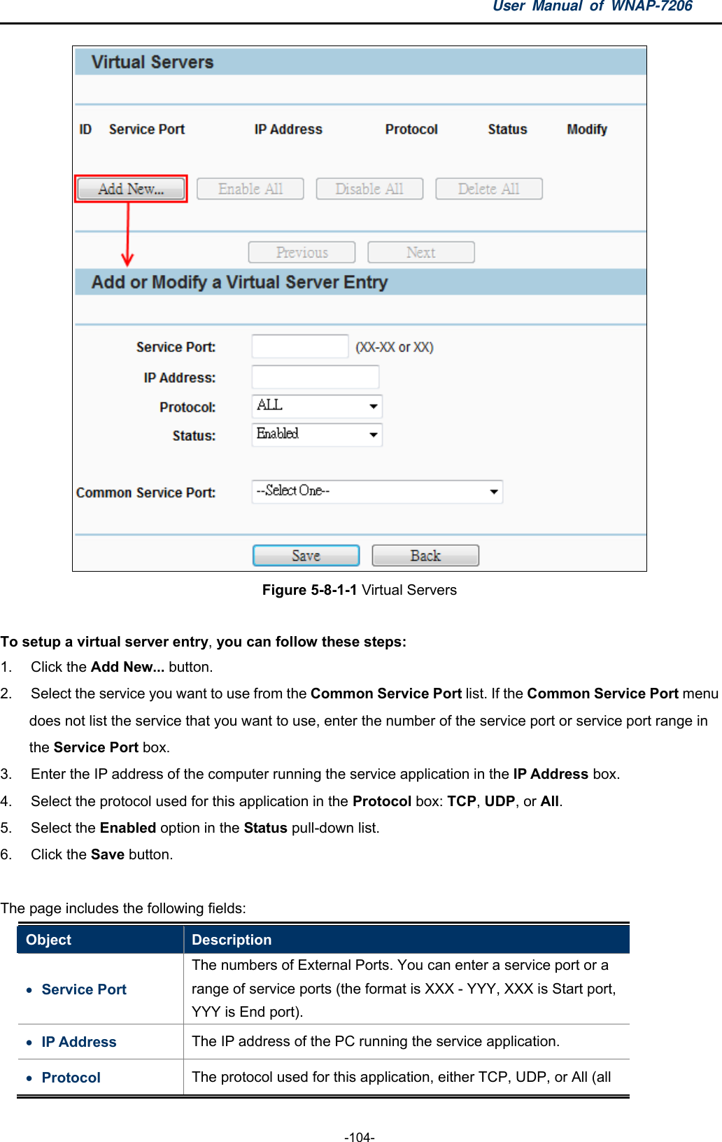 User Manual of WNAP-7206  -104-  Figure 5-8-1-1 Virtual Servers  To setup a virtual server entry, you can follow these steps:   1. Click the Add New... button.   2.  Select the service you want to use from the Common Service Port list. If the Common Service Port menu does not list the service that you want to use, enter the number of the service port or service port range in the Service Port box.   3.  Enter the IP address of the computer running the service application in the IP Address box.   4.  Select the protocol used for this application in the Protocol box: TCP, UDP, or All.  5. Select the Enabled option in the Status pull-down list.   6. Click the Save button.    The page includes the following fields: Object  Description  Service Port The numbers of External Ports. You can enter a service port or a range of service ports (the format is XXX - YYY, XXX is Start port, YYY is End port).  IP Address  The IP address of the PC running the service application.  Protocol  The protocol used for this application, either TCP, UDP, or All (all 