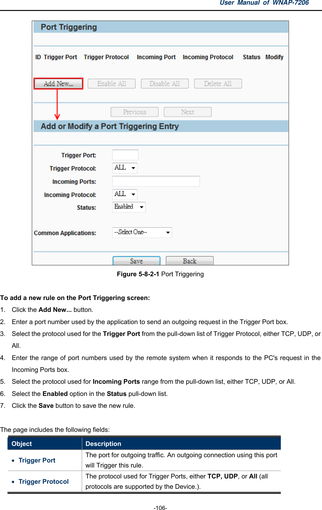 User Manual of WNAP-7206  -106-  Figure 5-8-2-1 Port Triggering  To add a new rule on the Port Triggering screen: 1. Click the Add New... button. 2.  Enter a port number used by the application to send an outgoing request in the Trigger Port box. 3.  Select the protocol used for the Trigger Port from the pull-down list of Trigger Protocol, either TCP, UDP, or All. 4.  Enter the range of port numbers used by the remote system when it responds to the PC&apos;s request in the Incoming Ports box. 5.  Select the protocol used for Incoming Ports range from the pull-down list, either TCP, UDP, or All. 6. Select the Enabled option in the Status pull-down list. 7. Click the Save button to save the new rule.  The page includes the following fields: Object  Description  Trigger Port  The port for outgoing traffic. An outgoing connection using this port will Trigger this rule.  Trigger Protocol  The protocol used for Trigger Ports, either TCP, UDP, or All (all protocols are supported by the Device.).   