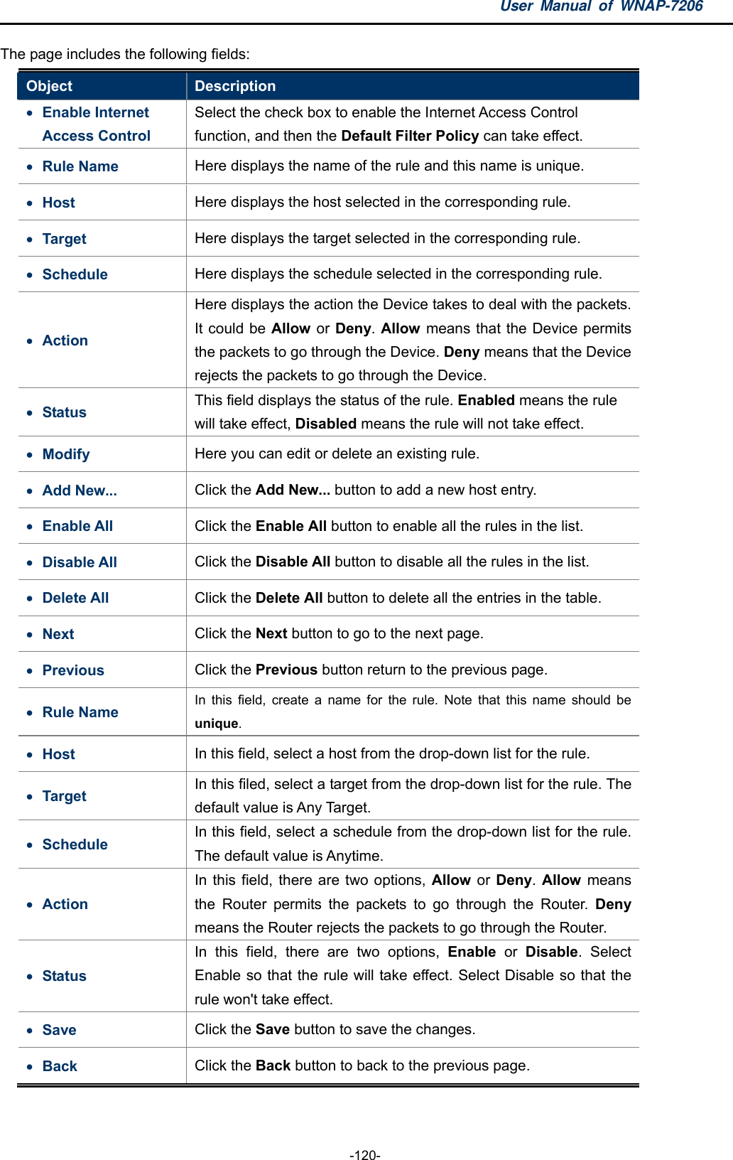 User Manual of WNAP-7206  -120- The page includes the following fields: Object  Description  Enable Internet Access Control Select the check box to enable the Internet Access Control function, and then the Default Filter Policy can take effect.    Rule Name    Here displays the name of the rule and this name is unique.  Host  Here displays the host selected in the corresponding rule.  Target  Here displays the target selected in the corresponding rule.  Schedule  Here displays the schedule selected in the corresponding rule.  Action Here displays the action the Device takes to deal with the packets. It could be Allow or Deny. Allow means that the Device permits the packets to go through the Device. Deny means that the Device rejects the packets to go through the Device.  Status  This field displays the status of the rule. Enabled means the rule will take effect, Disabled means the rule will not take effect.    Modify  Here you can edit or delete an existing rule.    Add New...  Click the Add New... button to add a new host entry.  Enable All  Click the Enable All button to enable all the rules in the list.  Disable All  Click the Disable All button to disable all the rules in the list.  Delete All  Click the Delete All button to delete all the entries in the table.  Next  Click the Next button to go to the next page.  Previous  Click the Previous button return to the previous page.  Rule Name  In this field, create a name for the rule. Note that this name should be unique.  Host  In this field, select a host from the drop-down list for the rule.  Target  In this filed, select a target from the drop-down list for the rule. The default value is Any Target.  Schedule  In this field, select a schedule from the drop-down list for the rule. The default value is Anytime.  Action In this field, there are two options, Allow or Deny. Allow means the Router permits the packets to go through the Router. Deny means the Router rejects the packets to go through the Router.  Status In this field, there are two options, Enable or Disable. Select Enable so that the rule will take effect. Select Disable so that the rule won&apos;t take effect.  Save  Click the Save button to save the changes.    Back  Click the Back button to back to the previous page.    