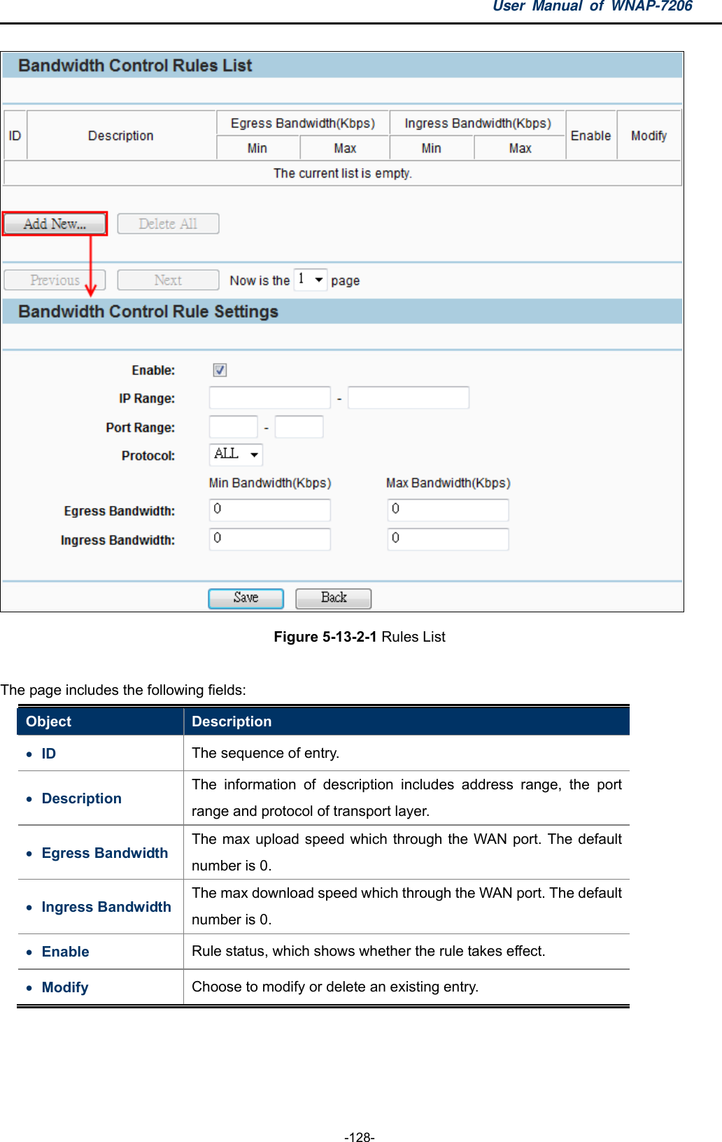 User Manual of WNAP-7206  -128-  Figure 5-13-2-1 Rules List  The page includes the following fields: Object  Description  ID  The sequence of entry.  Description The information of description includes address range, the port range and protocol of transport layer.  Egress Bandwidth The max upload speed which through the WAN port. The default number is 0.  Ingress Bandwidth The max download speed which through the WAN port. The default number is 0.  Enable  Rule status, which shows whether the rule takes effect.  Modify  Choose to modify or delete an existing entry.  