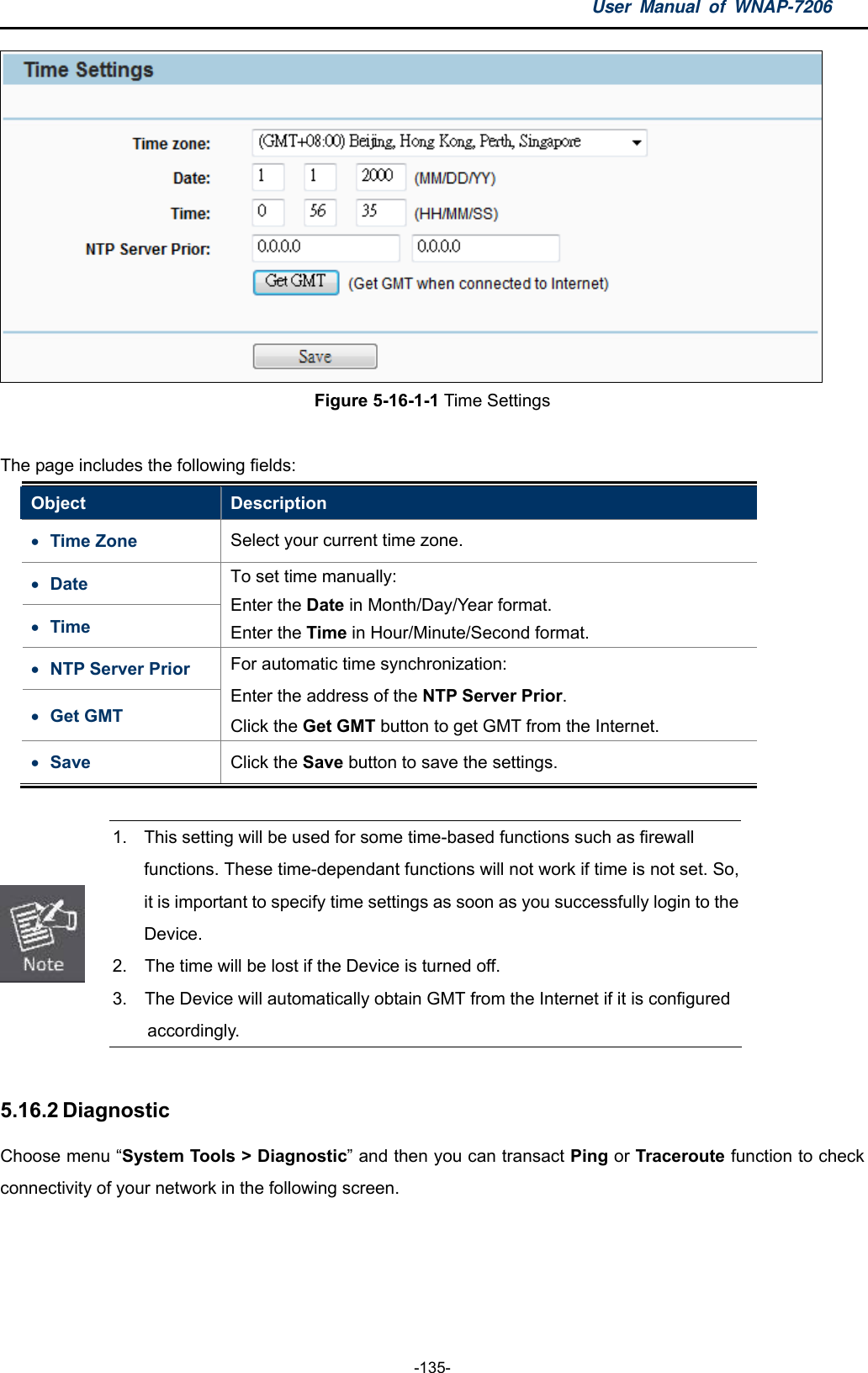 User Manual of WNAP-7206  -135-  Figure 5-16-1-1 Time Settings  The page includes the following fields: Object  Description  Time Zone  Select your current time zone.  Date  Time To set time manually: Enter the Date in Month/Day/Year format.   Enter the Time in Hour/Minute/Second format.  NTP Server Prior  Get GMT For automatic time synchronization:   Enter the address of the NTP Server Prior. Click the Get GMT button to get GMT from the Internet.    Save  Click the Save button to save the settings.   1.  This setting will be used for some time-based functions such as firewall   functions. These time-dependant functions will not work if time is not set. So, it is important to specify time settings as soon as you successfully login to the Device. 2.    The time will be lost if the Device is turned off. 3.    The Device will automatically obtain GMT from the Internet if it is configured   accordingly.  5.16.2 Diagnostic Choose menu “System Tools &gt; Diagnostic” and then you can transact Ping or Traceroute function to check connectivity of your network in the following screen. 