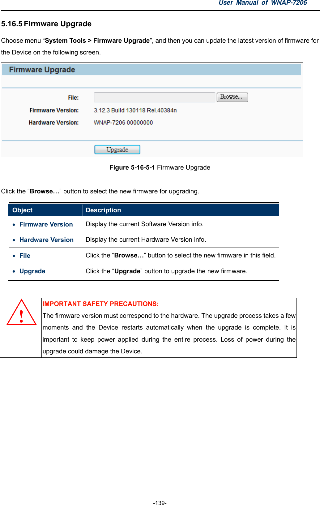 User Manual of WNAP-7206  -139- 5.16.5 Firmware Upgrade Choose menu “System Tools &gt; Firmware Upgrade”, and then you can update the latest version of firmware for the Device on the following screen.  Figure 5-16-5-1 Firmware Upgrade  Click the “Browse…” button to select the new firmware for upgrading.   Object  Description  Firmware Version  Display the current Software Version info.  Hardware Version  Display the current Hardware Version info.  File  Click the “Browse…” button to select the new firmware in this field.  Upgrade  Click the “Upgrade” button to upgrade the new firmware.   IMPORTANT SAFETY PRECAUTIONS: The firmware version must correspond to the hardware. The upgrade process takes a few moments and the Device restarts automatically when the upgrade is complete. It is important to keep power applied during the entire process. Loss of power during the upgrade could damage the Device. !  