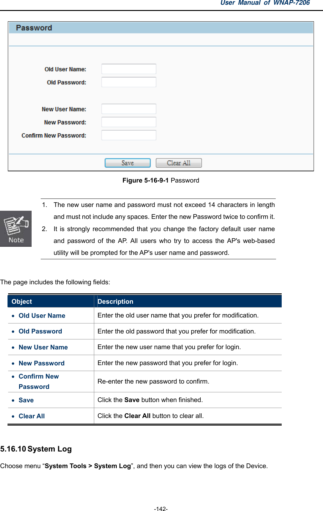 User Manual of WNAP-7206  -142-  Figure 5-16-9-1 Password   1.  The new user name and password must not exceed 14 characters in length and must not include any spaces. Enter the new Password twice to confirm it. 2.  It is strongly recommended that you change the factory default user name and password of the AP. All users who try to access the AP&apos;s web-based utility will be prompted for the AP&apos;s user name and password.  The page includes the following fields: Object  Description  Old User Name    Enter the old user name that you prefer for modification.  Old Password  Enter the old password that you prefer for modification.  New User Name  Enter the new user name that you prefer for login.  New Password  Enter the new password that you prefer for login.  Confirm New Password  Re-enter the new password to confirm.  Save  Click the Save button when finished.  Clear All  Click the Clear All button to clear all.  5.16.10 System Log Choose menu “System Tools &gt; System Log”, and then you can view the logs of the Device. 