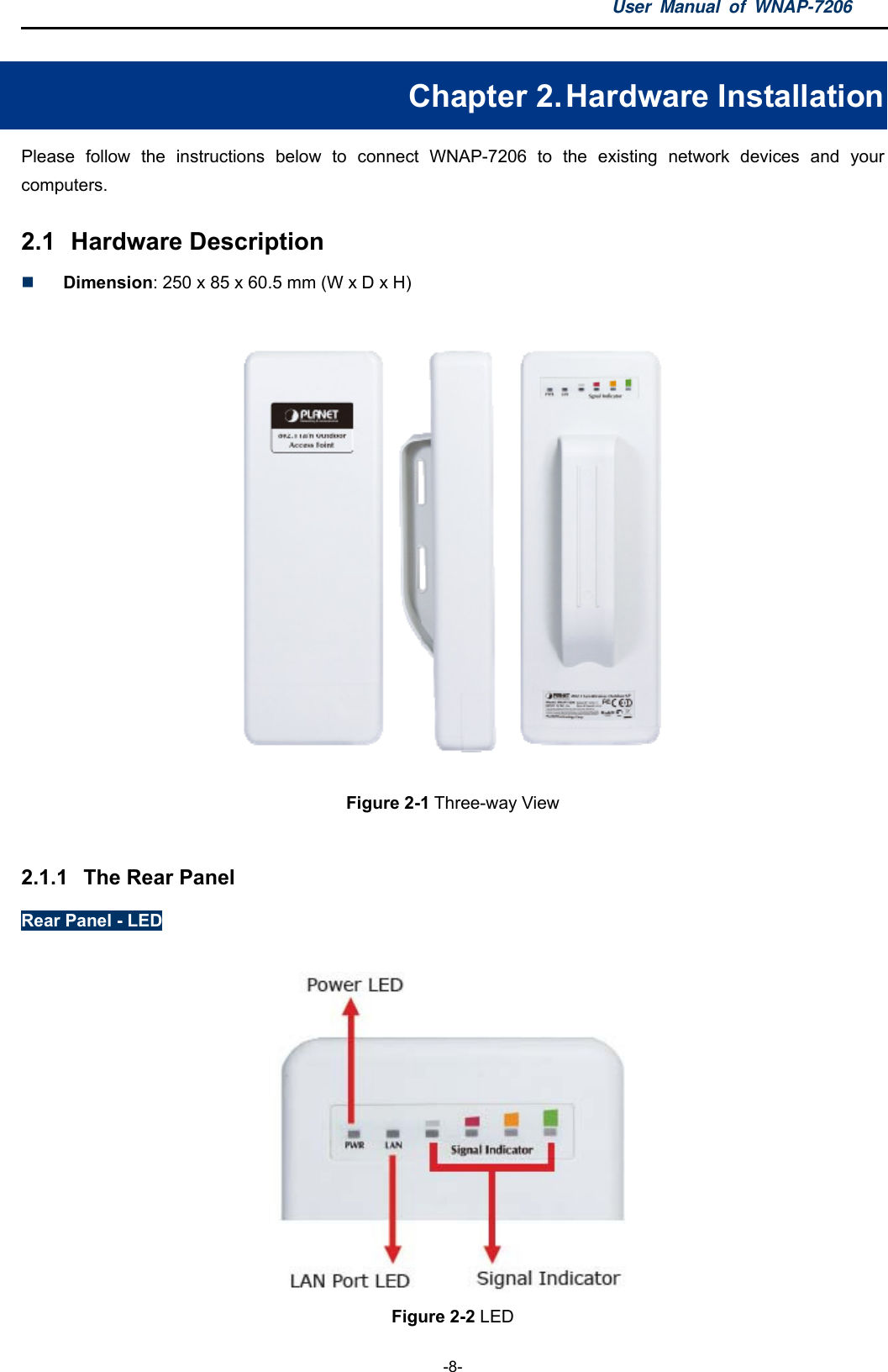 User Manual of WNAP-7206  -8- Chapter 2. Hardware Installation Please follow the instructions below to connect WNAP-7206 to the existing network devices and your computers. 2.1  Hardware Description  Dimension: 250 x 85 x 60.5 mm (W x D x H)  Figure 2-1 Three-way View  2.1.1  The Rear Panel Rear Panel - LED   Figure 2-2 LED