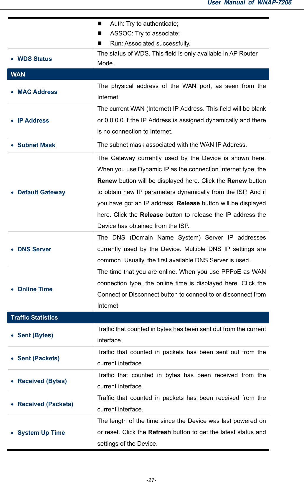 User Manual of WNAP-7206  -27-   Auth: Try to authenticate;   ASSOC: Try to associate;  Run: Associated successfully.  WDS Status  The status of WDS. This field is only available in AP Router Mode. WAN  MAC Address The physical address of the WAN port, as seen from the Internet.    IP Address   The current WAN (Internet) IP Address. This field will be blank or 0.0.0.0 if the IP Address is assigned dynamically and there is no connection to Internet.  Subnet Mask    The subnet mask associated with the WAN IP Address.  Default Gateway The Gateway currently used by the Device is shown here. When you use Dynamic IP as the connection Internet type, the Renew button will be displayed here. Click the Renew button to obtain new IP parameters dynamically from the ISP. And if you have got an IP address, Release button will be displayed here. Click the Release button to release the IP address the Device has obtained from the ISP.  DNS Server The DNS (Domain Name System) Server IP addresses currently used by the Device. Multiple DNS IP settings are common. Usually, the first available DNS Server is used.  Online Time The time that you are online. When you use PPPoE as WAN connection type, the online time is displayed here. Click the Connect or Disconnect button to connect to or disconnect from Internet. Traffic Statistics  Sent (Bytes) Traffic that counted in bytes has been sent out from the current interface.  Sent (Packets)   Traffic that counted in packets has been sent out from the current interface.  Received (Bytes)   Traffic that counted in bytes has been received from the current interface.  Received (Packets) Traffic that counted in packets has been received from the current interface.  System Up Time The length of the time since the Device was last powered on or reset. Click the Refresh button to get the latest status and settings of the Device.  