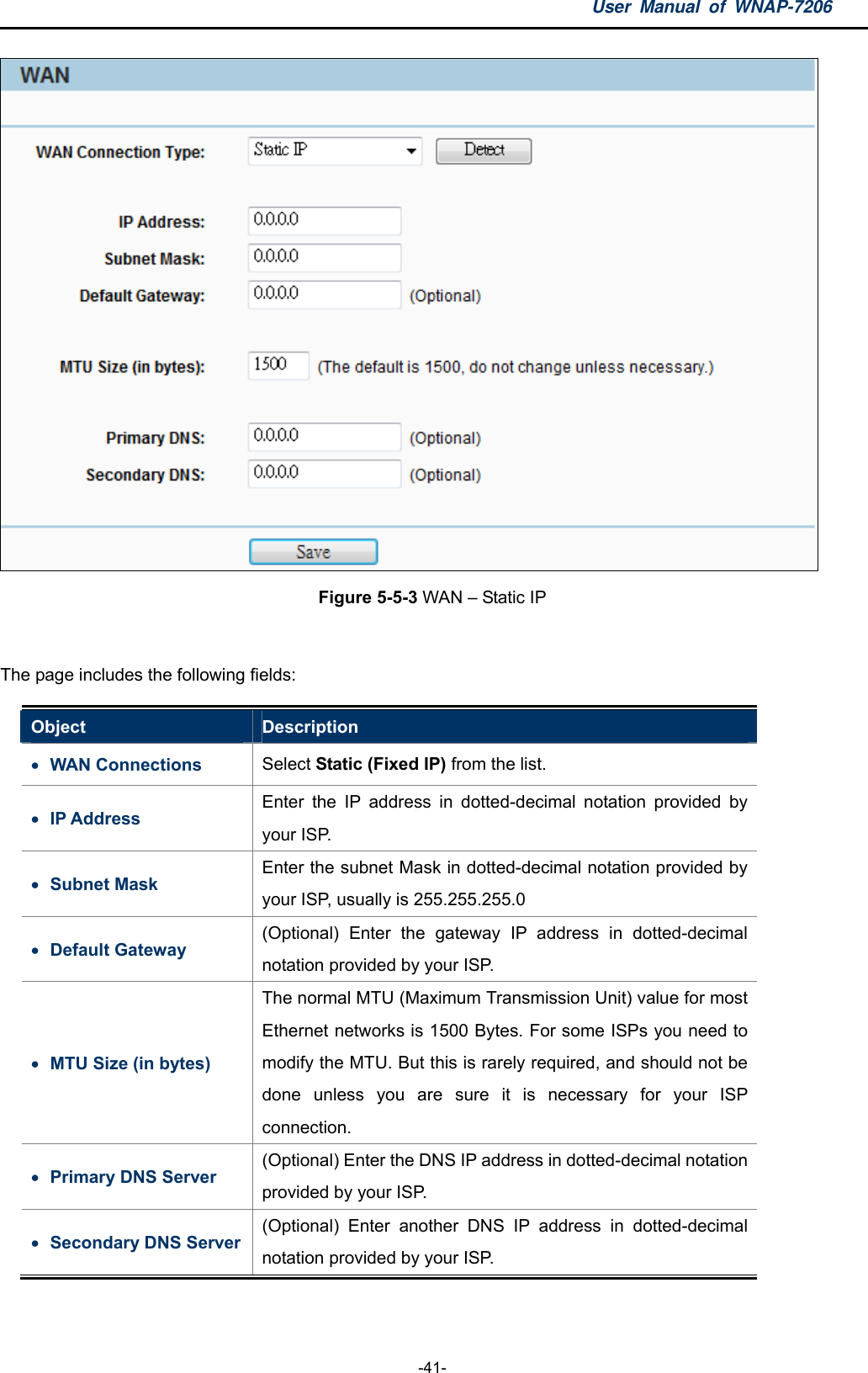 User Manual of WNAP-7206  -41-  Figure 5-5-3 WAN – Static IP  The page includes the following fields: Object  Description  WAN Connections  Select Static (Fixed IP) from the list.  IP Address Enter the IP address in dotted-decimal notation provided by your ISP.  Subnet Mask Enter the subnet Mask in dotted-decimal notation provided by your ISP, usually is 255.255.255.0  Default Gateway (Optional) Enter the gateway IP address in dotted-decimal notation provided by your ISP.  MTU Size (in bytes) The normal MTU (Maximum Transmission Unit) value for most Ethernet networks is 1500 Bytes. For some ISPs you need to modify the MTU. But this is rarely required, and should not be done unless you are sure it is necessary for your ISP connection.  Primary DNS Server (Optional) Enter the DNS IP address in dotted-decimal notation provided by your ISP.    Secondary DNS Server (Optional) Enter another DNS IP address in dotted-decimal notation provided by your ISP.    