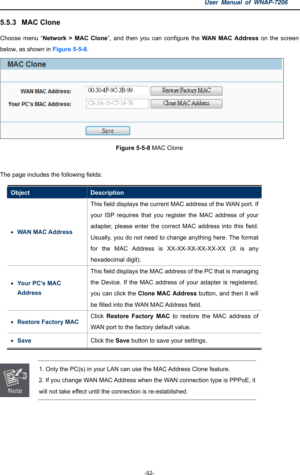 User Manual of WNAP-7206  -52- 5.5.3  MAC Clone Choose menu “Network &gt; MAC Clone”, and then you can configure the WAN MAC Address on the screen below, as shown in Figure 5-5-8.  Figure 5-5-8 MAC Clone  The page includes the following fields: Object  Description  WAN MAC Address   This field displays the current MAC address of the WAN port. If your ISP requires that you register the MAC address of your adapter, please enter the correct MAC address into this field. Usually, you do not need to change anything here. The format for the MAC Address is XX-XX-XX-XX-XX-XX (X is any hexadecimal digit).  Your PC&apos;s MAC Address  This field displays the MAC address of the PC that is managing the Device. If the MAC address of your adapter is registered, you can click the Clone MAC Address button, and then it will be filled into the WAN MAC Address field.  Restore Factory MAC Click  Restore Factory MAC to restore the MAC address of WAN port to the factory default value.  Save  Click the Save button to save your settings.   1. Only the PC(s) in your LAN can use the MAC Address Clone feature. 2. If you change WAN MAC Address when the WAN connection type is PPPoE, it will not take effect until the connection is re-established.  