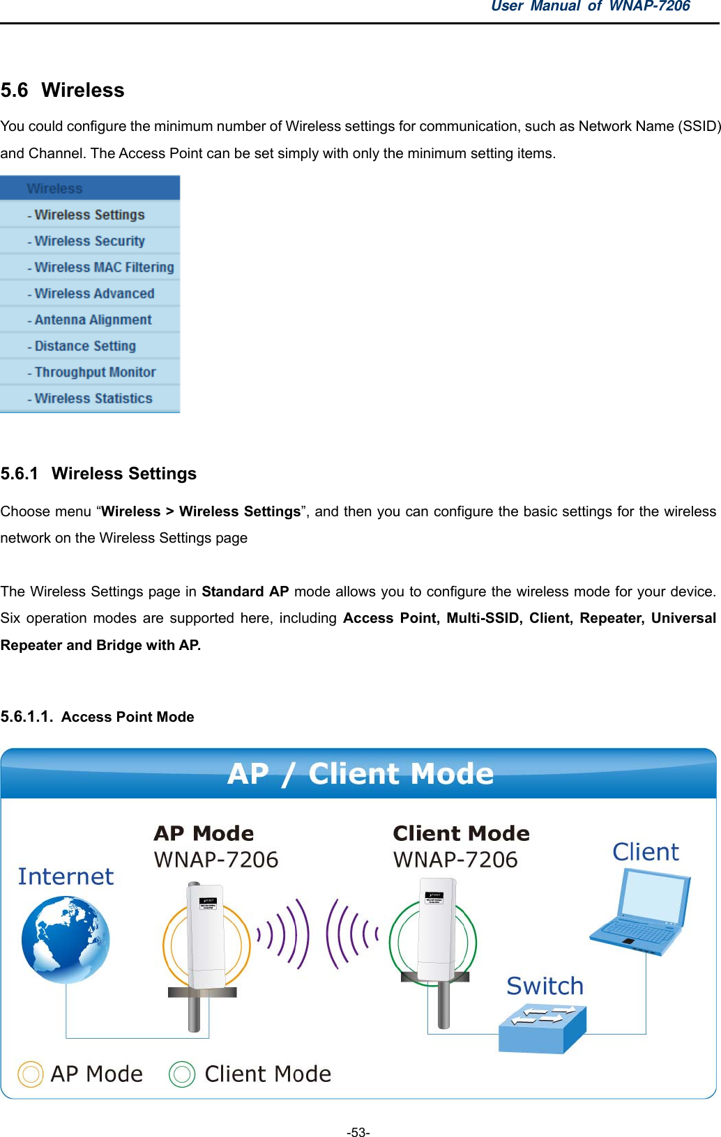 User Manual of WNAP-7206  -53-  5.6  Wireless You could configure the minimum number of Wireless settings for communication, such as Network Name (SSID) and Channel. The Access Point can be set simply with only the minimum setting items.   5.6.1  Wireless Settings Choose menu “Wireless &gt; Wireless Settings”, and then you can configure the basic settings for the wireless network on the Wireless Settings page  The Wireless Settings page in Standard AP mode allows you to configure the wireless mode for your device. Six operation modes are supported here, including Access Point, Multi-SSID, Client, Repeater, Universal Repeater and Bridge with AP.  5.6.1.1.  Access Point Mode  