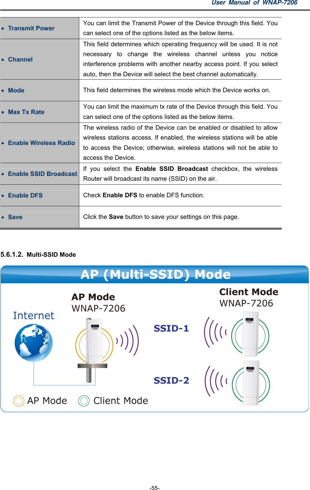 User Manual of WNAP-7206  -55-  Transmit Power  You can limit the Transmit Power of the Device through this field. You can select one of the options listed as the below items.  Channel This field determines which operating frequency will be used. It is not necessary to change the wireless channel unless you notice interference problems with another nearby access point. If you select auto, then the Device will select the best channel automatically.  Mode  This field determines the wireless mode which the Device works on.  Max Tx Rate  You can limit the maximum tx rate of the Device through this field. You can select one of the options listed as the below items.  Enable Wireless Radio The wireless radio of the Device can be enabled or disabled to allow wireless stations access. If enabled, the wireless stations will be able to access the Device; otherwise, wireless stations will not be able to access the Device.  Enable SSID Broadcast  If you select the Enable SSID Broadcast checkbox, the wireless Router will broadcast its name (SSID) on the air.  Enable DFS  Check Enable DFS to enable DFS function.  Save  Click the Save button to save your settings on this page.  5.6.1.2.  Multi-SSID Mode  