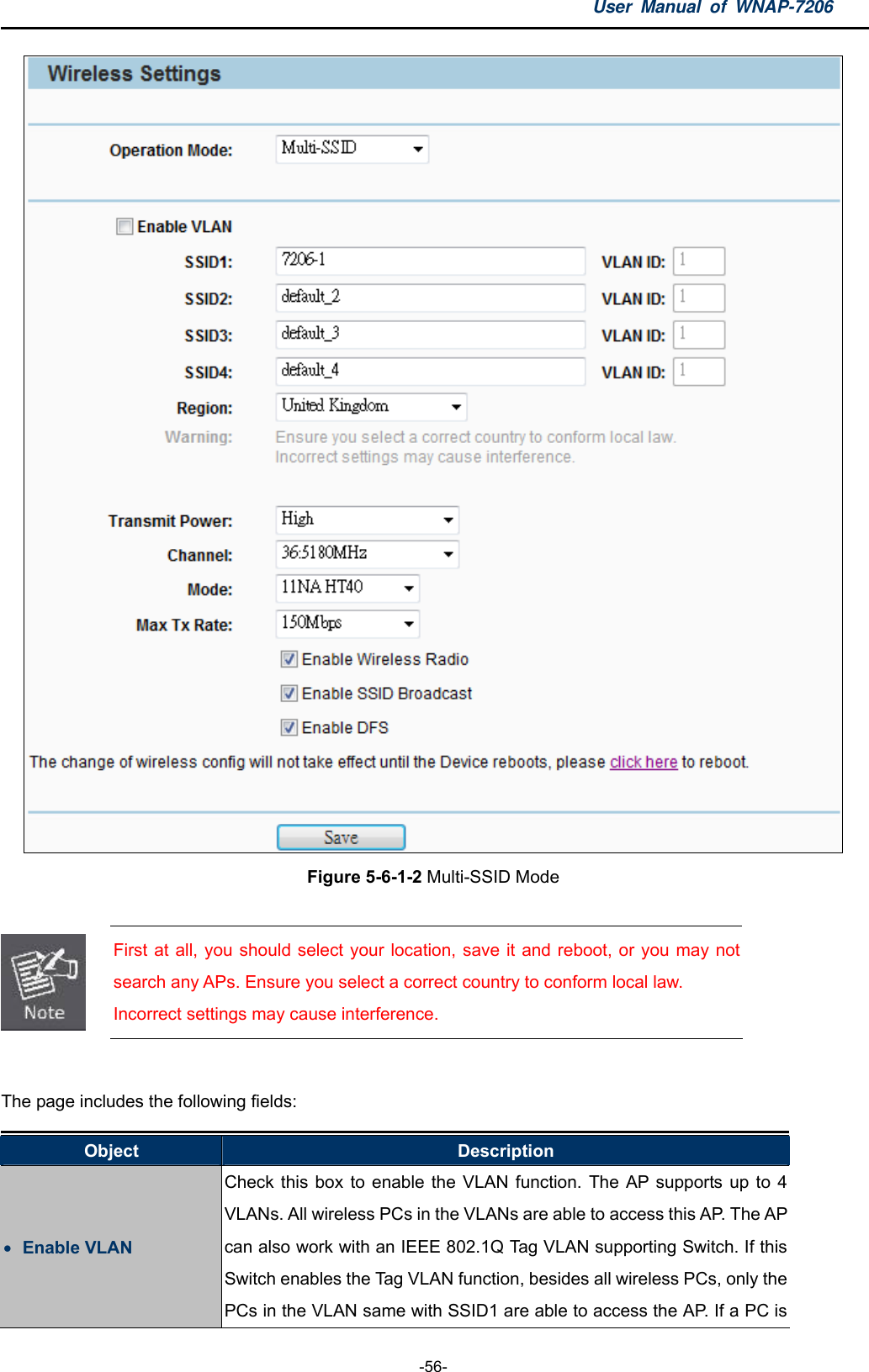 User Manual of WNAP-7206  -56-  Figure 5-6-1-2 Multi-SSID Mode   First at all, you should select your location, save it and reboot, or you may not search any APs. Ensure you select a correct country to conform local law. Incorrect settings may cause interference.  The page includes the following fields: Object  Description  Enable VLAN Check this box to enable the VLAN function. The AP supports up to 4 VLANs. All wireless PCs in the VLANs are able to access this AP. The AP can also work with an IEEE 802.1Q Tag VLAN supporting Switch. If this Switch enables the Tag VLAN function, besides all wireless PCs, only the PCs in the VLAN same with SSID1 are able to access the AP. If a PC is 