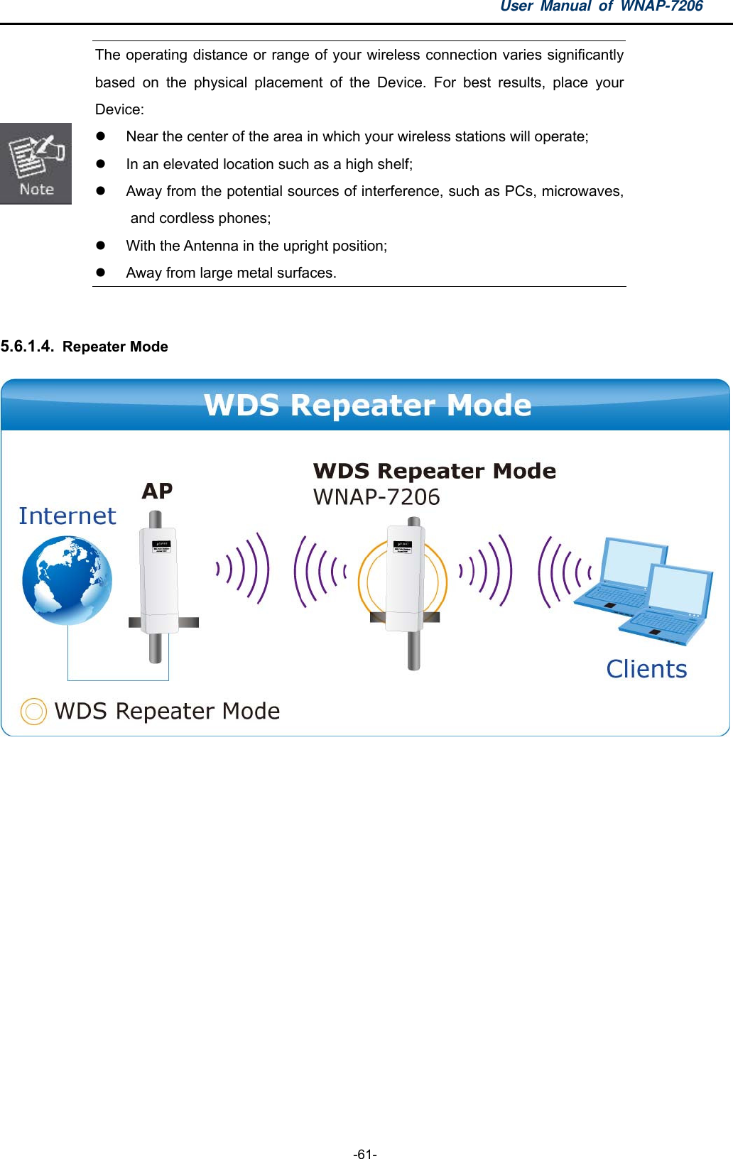 User Manual of WNAP-7206  -61-  The operating distance or range of your wireless connection varies significantly based on the physical placement of the Device. For best results, place your Device:   Near the center of the area in which your wireless stations will operate;   In an elevated location such as a high shelf;  Away from the potential sources of interference, such as PCs, microwaves, and cordless phones;   With the Antenna in the upright position;   Away from large metal surfaces.  5.6.1.4.  Repeater Mode  