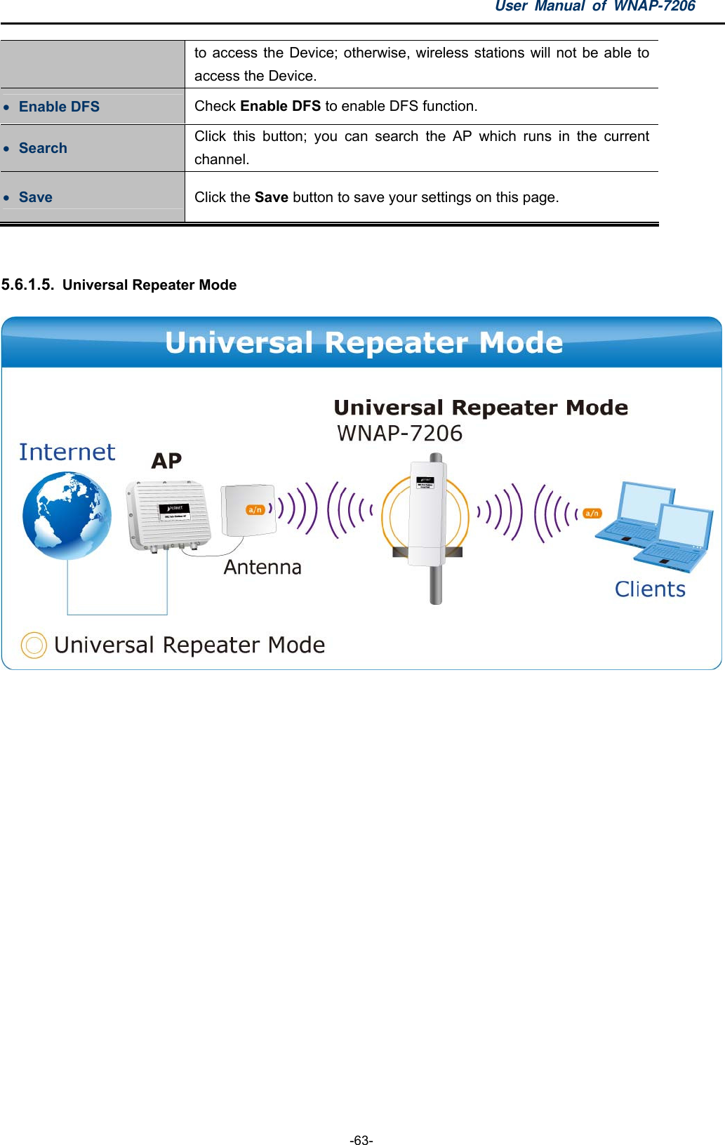 User Manual of WNAP-7206  -63- to access the Device; otherwise, wireless stations will not be able to access the Device.  Enable DFS  Check Enable DFS to enable DFS function.  Search  Click this button; you can search the AP which runs in the current channel.  Save  Click the Save button to save your settings on this page.  5.6.1.5.  Universal Repeater Mode  