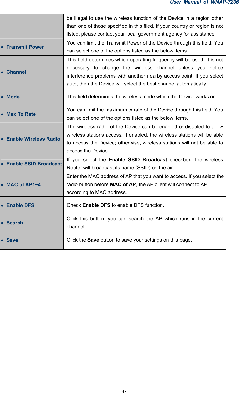 User Manual of WNAP-7206  -67- be illegal to use the wireless function of the Device in a region other than one of those specified in this filed. If your country or region is not listed, please contact your local government agency for assistance.  Transmit Power  You can limit the Transmit Power of the Device through this field. You can select one of the options listed as the below items.  Channel This field determines which operating frequency will be used. It is not necessary to change the wireless channel unless you notice interference problems with another nearby access point. If you select auto, then the Device will select the best channel automatically.  Mode  This field determines the wireless mode which the Device works on.  Max Tx Rate  You can limit the maximum tx rate of the Device through this field. You can select one of the options listed as the below items.  Enable Wireless Radio The wireless radio of the Device can be enabled or disabled to allow wireless stations access. If enabled, the wireless stations will be able to access the Device; otherwise, wireless stations will not be able to access the Device.  Enable SSID Broadcast  If you select the Enable SSID Broadcast checkbox, the wireless Router will broadcast its name (SSID) on the air.  MAC of AP1~4 Enter the MAC address of AP that you want to access. If you select the radio button before MAC of AP, the AP client will connect to AP according to MAC address.    Enable DFS  Check Enable DFS to enable DFS function.  Search  Click this button; you can search the AP which runs in the current channel.  Save  Click the Save button to save your settings on this page.  