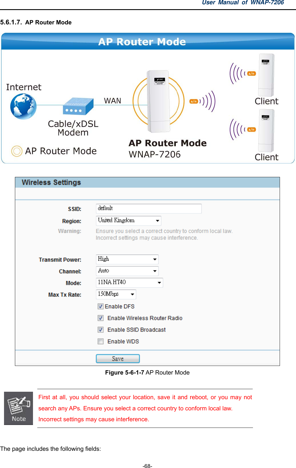 User Manual of WNAP-7206  -68- 5.6.1.7.  AP Router Mode    Figure 5-6-1-7 AP Router Mode   First at all, you should select your location, save it and reboot, or you may not search any APs. Ensure you select a correct country to conform local law. Incorrect settings may cause interference.  The page includes the following fields: 