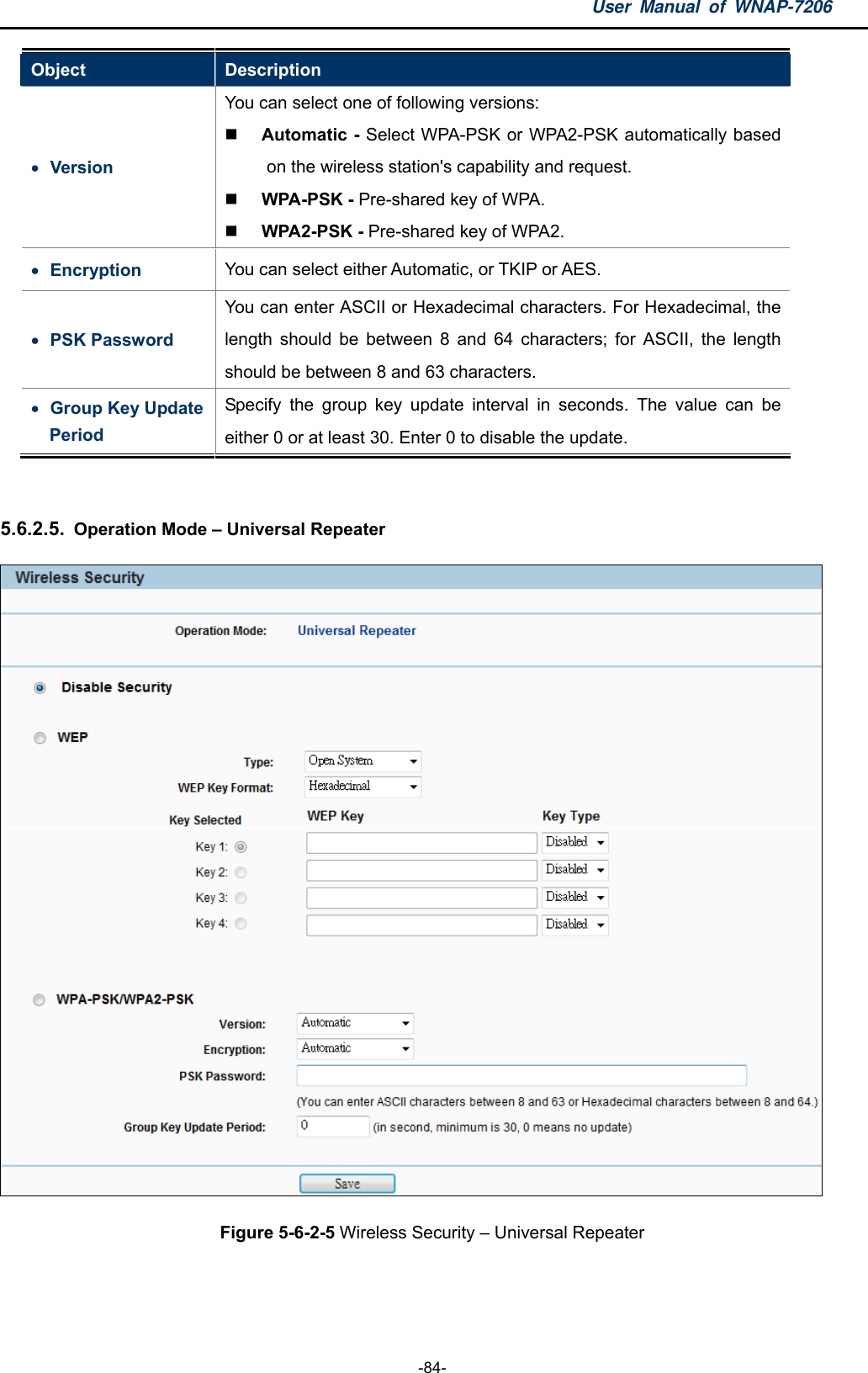 User Manual of WNAP-7206  -84- Object  Description  Version You can select one of following versions:    Automatic - Select WPA-PSK or WPA2-PSK automatically based on the wireless station&apos;s capability and request.    WPA-PSK - Pre-shared key of WPA.    WPA2-PSK - Pre-shared key of WPA2.    Encryption  You can select either Automatic, or TKIP or AES.    PSK Password You can enter ASCII or Hexadecimal characters. For Hexadecimal, the length should be between 8 and 64 characters; for ASCII, the length should be between 8 and 63 characters.  Group Key Update Period Specify the group key update interval in seconds. The value can be either 0 or at least 30. Enter 0 to disable the update.  5.6.2.5.  Operation Mode – Universal Repeater  Figure 5-6-2-5 Wireless Security – Universal Repeater   