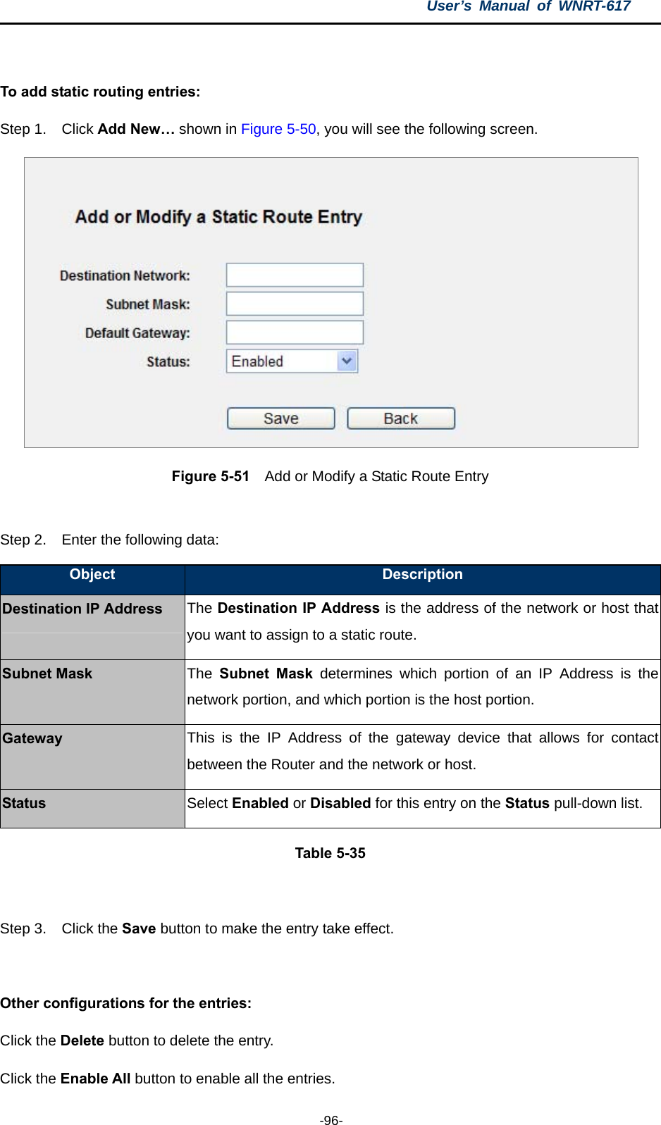 User’s Manual of WNRT-617  -96-  To add static routing entries: Step 1.  Click Add New… shown in Figure 5-50, you will see the following screen.  Figure 5-51    Add or Modify a Static Route Entry  Step 2.  Enter the following data: Object  Description Destination IP Address The Destination IP Address is the address of the network or host that you want to assign to a static route. Subnet Mask  The  Subnet Mask determines which portion of an IP Address is the network portion, and which portion is the host portion. Gateway  This is the IP Address of the gateway device that allows for contact between the Router and the network or host. Status  Select Enabled or Disabled for this entry on the Status pull-down list. Table 5-35  Step 3.  Click the Save button to make the entry take effect.  Other configurations for the entries: Click the Delete button to delete the entry. Click the Enable All button to enable all the entries. 