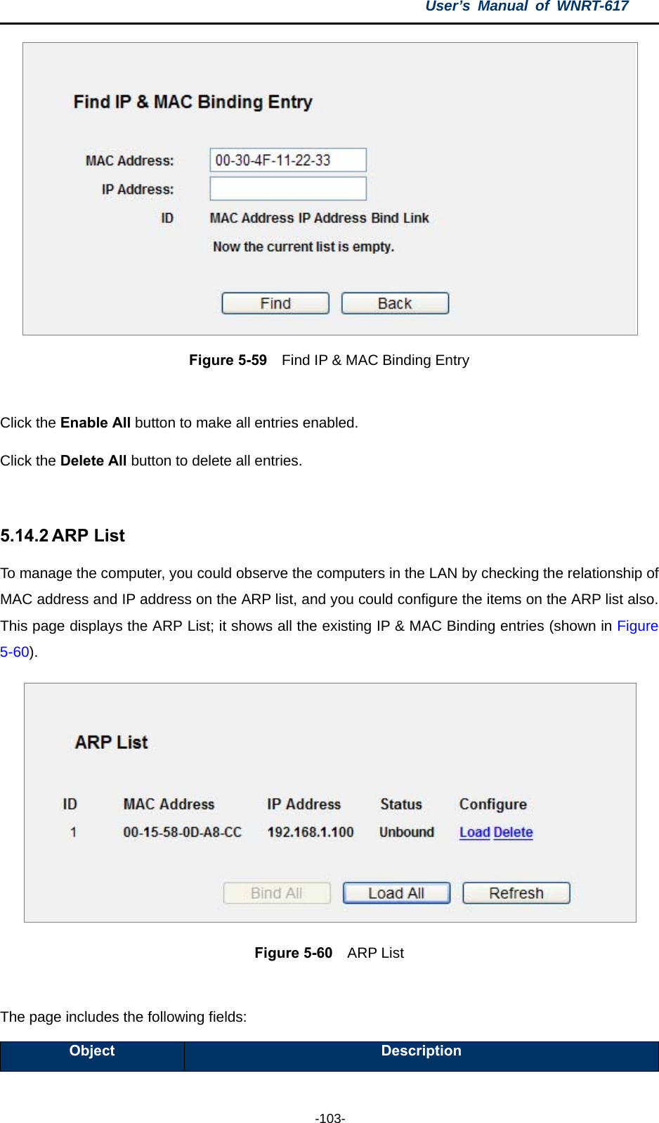 User’s Manual of WNRT-617  -103-  Figure 5-59    Find IP &amp; MAC Binding Entry  Click the Enable All button to make all entries enabled. Click the Delete All button to delete all entries.  5.14.2 ARP List To manage the computer, you could observe the computers in the LAN by checking the relationship of MAC address and IP address on the ARP list, and you could configure the items on the ARP list also. This page displays the ARP List; it shows all the existing IP &amp; MAC Binding entries (shown in Figure 5-60).    Figure 5-60  ARP List  The page includes the following fields: Object  Description 