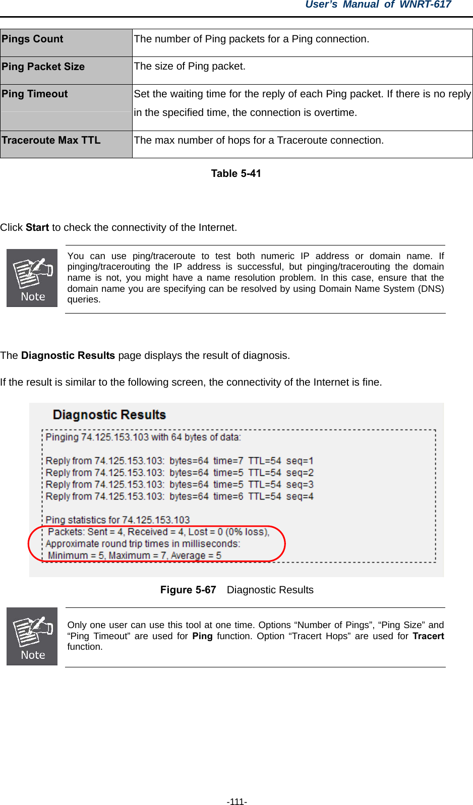 User’s Manual of WNRT-617  -111- Pings Count  The number of Ping packets for a Ping connection. Ping Packet Size  The size of Ping packet. Ping Timeout  Set the waiting time for the reply of each Ping packet. If there is no reply in the specified time, the connection is overtime. Traceroute Max TTL  The max number of hops for a Traceroute connection. Table 5-41  Click Start to check the connectivity of the Internet.    You can use ping/traceroute to test both numeric IP address or domain name. If pinging/tracerouting the IP address is successful, but pinging/tracerouting the domain name is not, you might have a name resolution problem. In this case, ensure that the domain name you are specifying can be resolved by using Domain Name System (DNS) queries.  The Diagnostic Results page displays the result of diagnosis. If the result is similar to the following screen, the connectivity of the Internet is fine.  Figure 5-67  Diagnostic Results  Only one user can use this tool at one time. Options “Number of Pings”, “Ping Size” and “Ping Timeout” are used for Ping  function. Option “Tracert Hops” are used for Tracert function.   