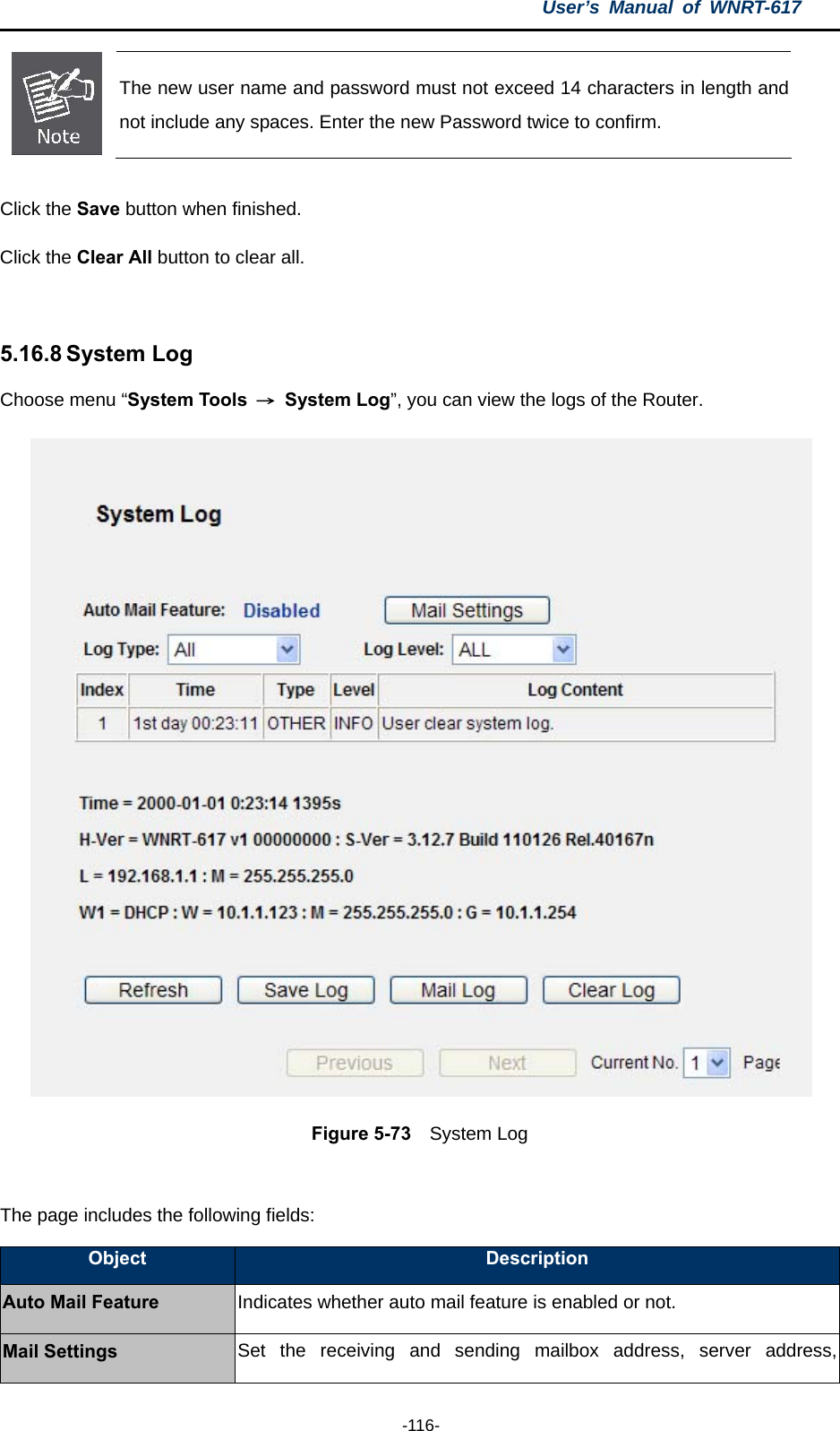 User’s Manual of WNRT-617  -116-  The new user name and password must not exceed 14 characters in length and not include any spaces. Enter the new Password twice to confirm.  Click the Save button when finished. Click the Clear All button to clear all.  5.16.8 System Log Choose menu “System Tools  → System Log”, you can view the logs of the Router.  Figure 5-73  System Log  The page includes the following fields: Object  Description Auto Mail Feature Indicates whether auto mail feature is enabled or not. Mail Settings  Set the receiving and sending mailbox address, server address, 