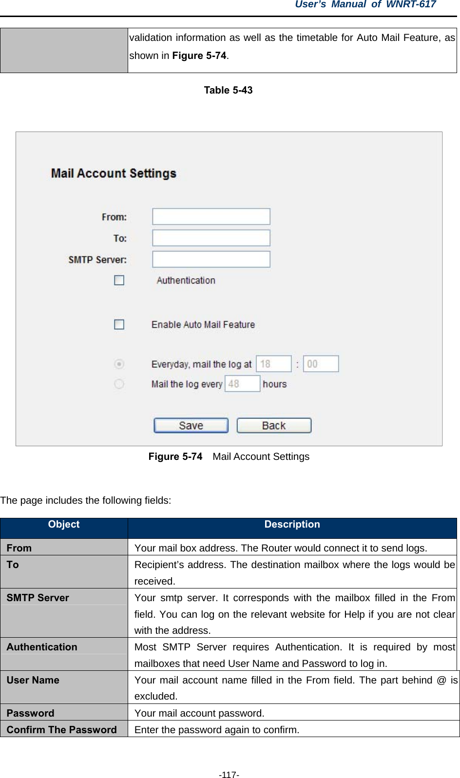 User’s Manual of WNRT-617  -117- validation information as well as the timetable for Auto Mail Feature, as shown in Figure 5-74. Table 5-43   Figure 5-74  Mail Account Settings  The page includes the following fields: Object  Description From  Your mail box address. The Router would connect it to send logs. To  Recipient’s address. The destination mailbox where the logs would be received. SMTP Server  Your smtp server. It corresponds with the mailbox filled in the From field. You can log on the relevant website for Help if you are not clear with the address. Authentication  Most SMTP Server requires Authentication. It is required by most mailboxes that need User Name and Password to log in. User Name  Your mail account name filled in the From field. The part behind @ is excluded. Password  Your mail account password. Confirm The Password  Enter the password again to confirm. 