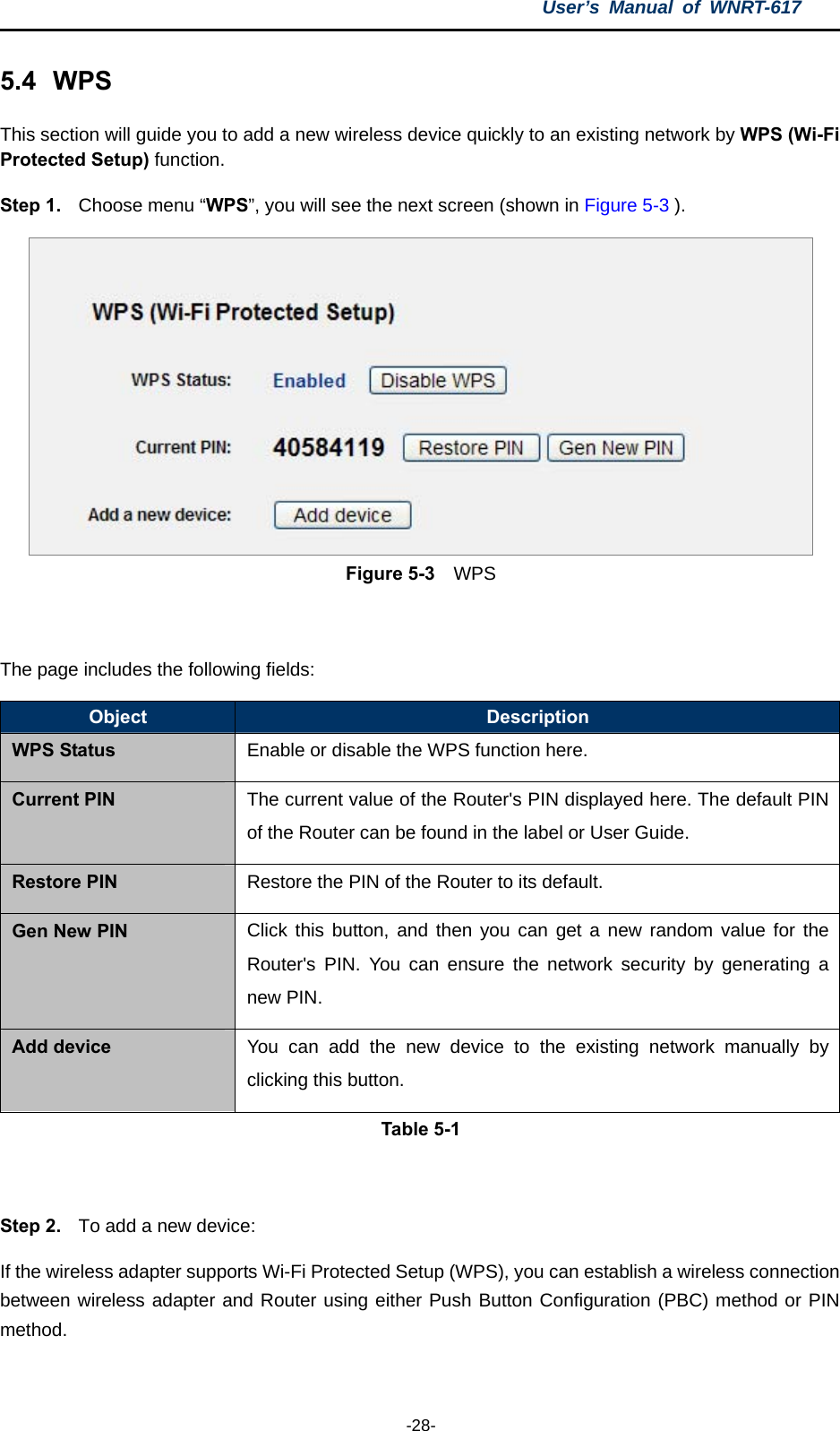 User’s Manual of WNRT-617  -28- 5.4  WPS This section will guide you to add a new wireless device quickly to an existing network by WPS (Wi-Fi Protected Setup) function.   Step 1.  Choose menu “WPS”, you will see the next screen (shown in Figure 5-3 ).  Figure 5-3  WPS  The page includes the following fields: Object  Description WPS Status Enable or disable the WPS function here. Current PIN The current value of the Router&apos;s PIN displayed here. The default PIN of the Router can be found in the label or User Guide. Restore PIN Restore the PIN of the Router to its default. Gen New PIN Click this button, and then you can get a new random value for the Router&apos;s PIN. You can ensure the network security by generating a new PIN. Add device  You can add the new device to the existing network manually by clicking this button. Table 5-1  Step 2.  To add a new device: If the wireless adapter supports Wi-Fi Protected Setup (WPS), you can establish a wireless connection between wireless adapter and Router using either Push Button Configuration (PBC) method or PIN method. 