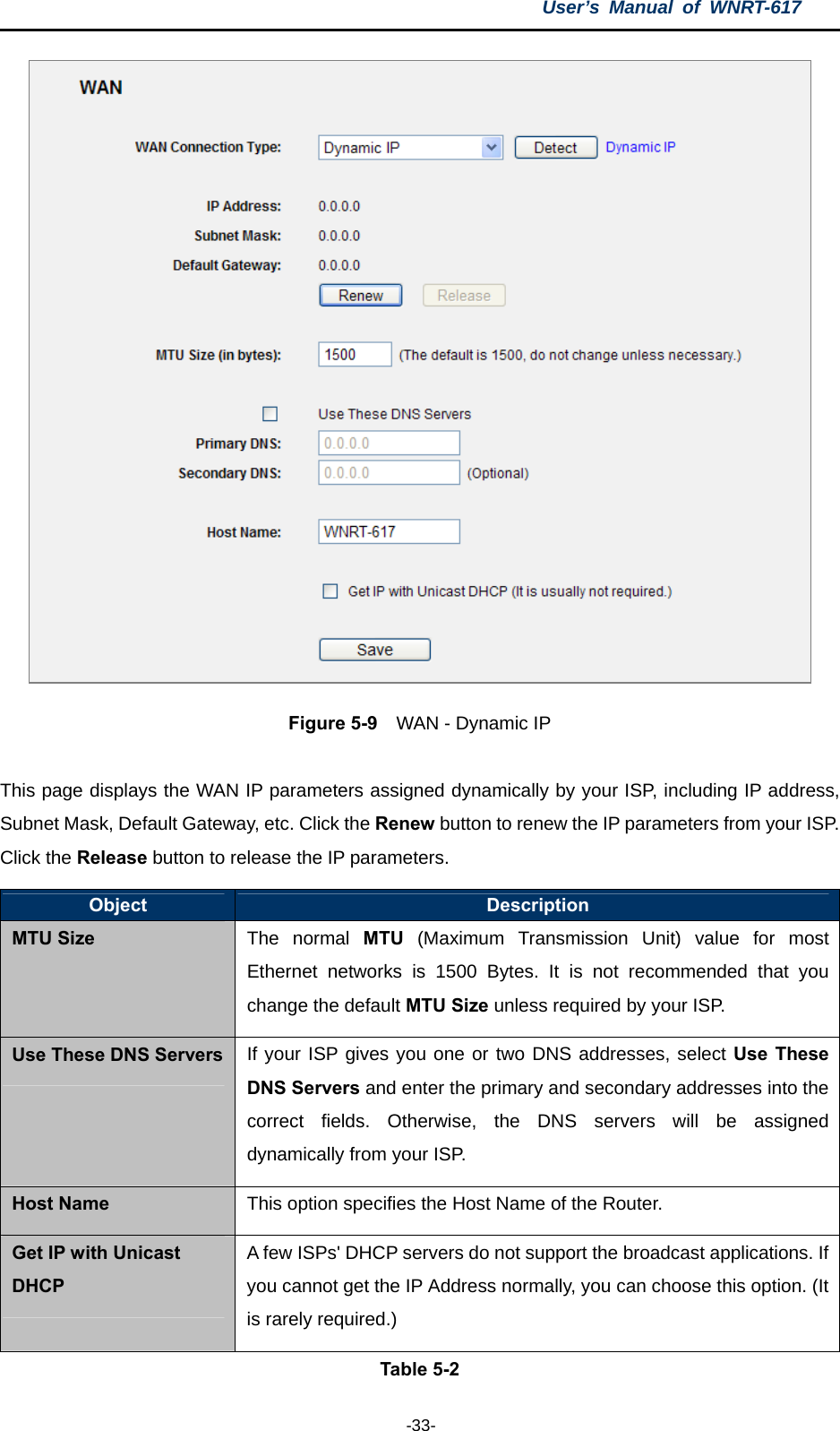 User’s Manual of WNRT-617  -33-  Figure 5-9  WAN - Dynamic IP  This page displays the WAN IP parameters assigned dynamically by your ISP, including IP address, Subnet Mask, Default Gateway, etc. Click the Renew button to renew the IP parameters from your ISP. Click the Release button to release the IP parameters. Object  Description MTU Size The normal MTU (Maximum Transmission Unit) value for most Ethernet networks is 1500 Bytes. It is not recommended that you change the default MTU Size unless required by your ISP. Use These DNS Servers If your ISP gives you one or two DNS addresses, select Use These DNS Servers and enter the primary and secondary addresses into the correct fields. Otherwise, the DNS servers will be assigned dynamically from your ISP.   Host Name This option specifies the Host Name of the Router. Get IP with Unicast DHCP A few ISPs&apos; DHCP servers do not support the broadcast applications. If you cannot get the IP Address normally, you can choose this option. (It is rarely required.) Table 5-2 